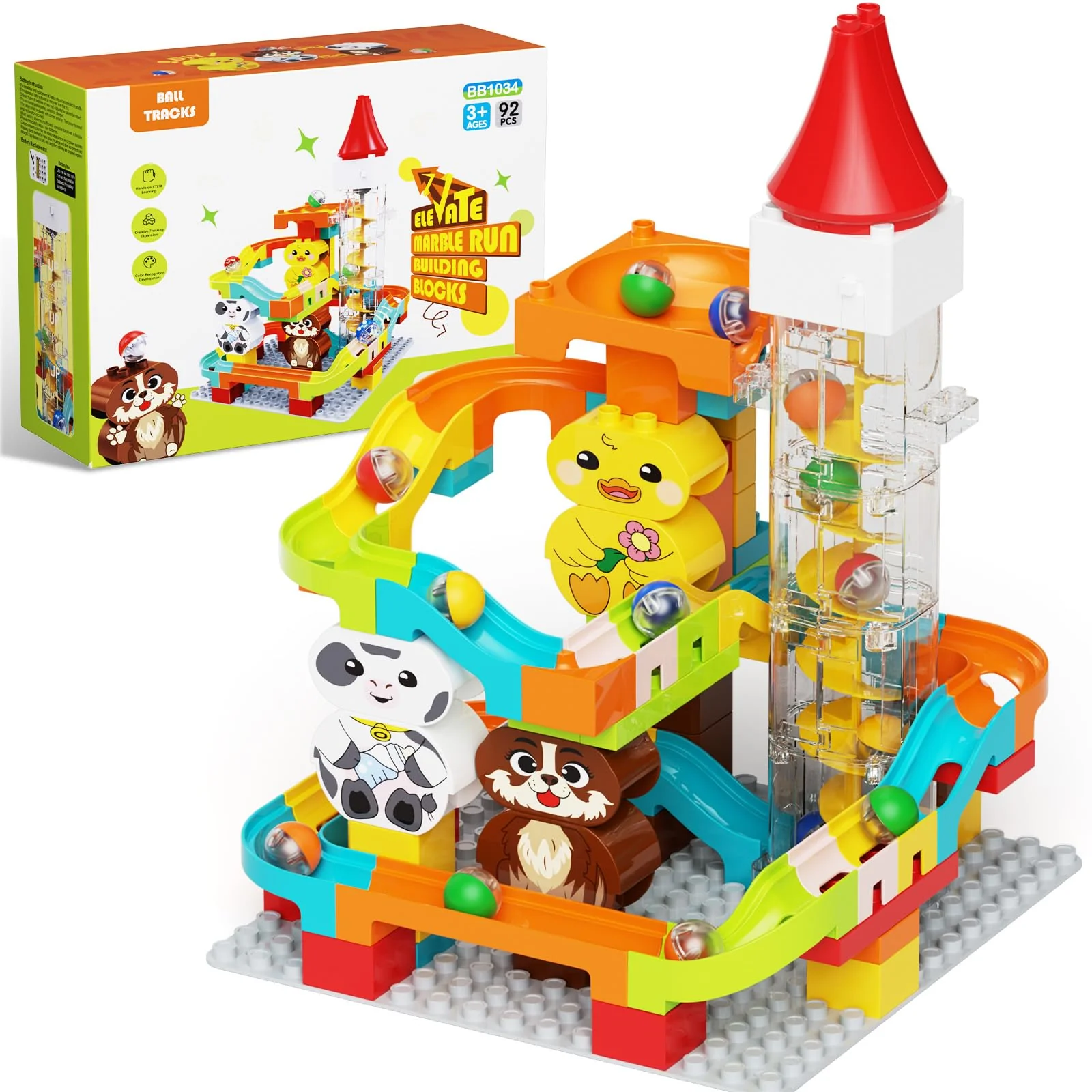 burgkidz Murmelbahn Bauklötze, Motorisierter Aufzug Kugelbahnen mit Niedlichem Tier Konstruktionsspielzeug, 4-in-1 Konfiguration Murmellabyrinth Set, Geschenk für Kinder von 3-7 Jahren, 92 teiliges - Image 2