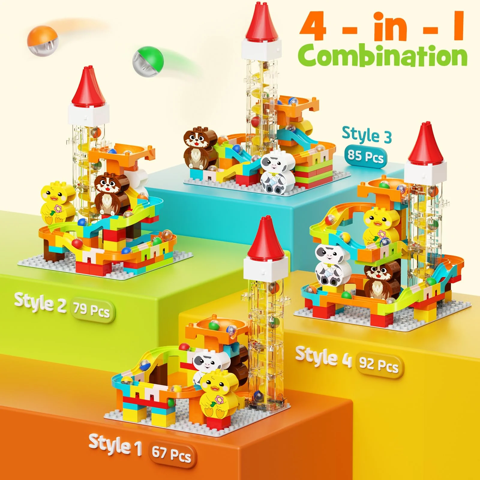 burgkidz Murmelbahn Bauklötze, Motorisierter Aufzug Kugelbahnen mit Niedlichem Tier Konstruktionsspielzeug, 4-in-1 Konfiguration Murmellabyrinth Set, Geschenk für Kinder von 3-7 Jahren, 92 teiliges - Image 3