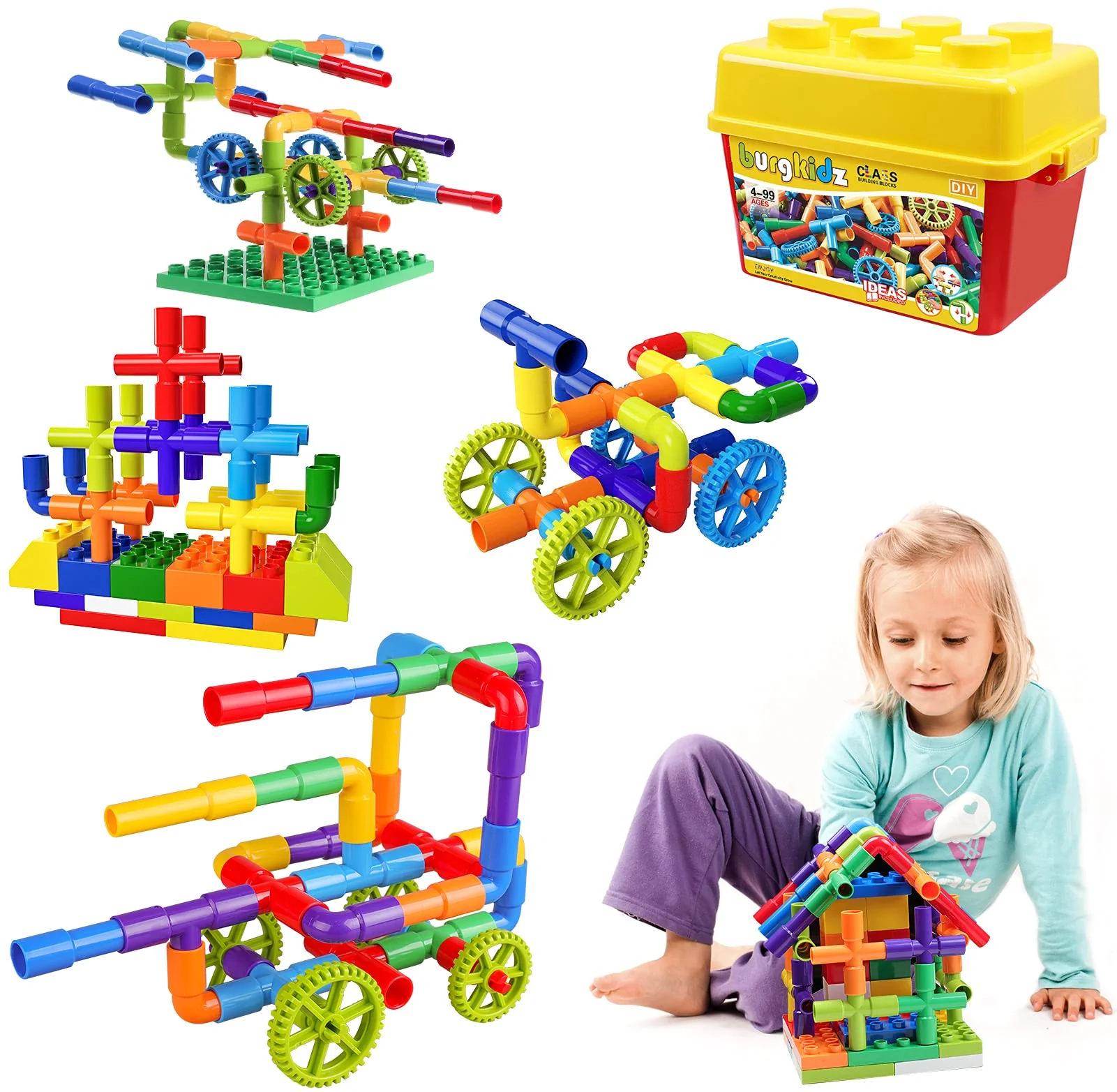 burgkidz Pipe Tube Toys, 188 Stück Klassische Bausteine Zusammenbau Steckbausteine Spielzeug mit Rädern und Grundplatte für Kinder, Geschenk für kreative Lernerziehung für Jungen und Mädchen - Image 3