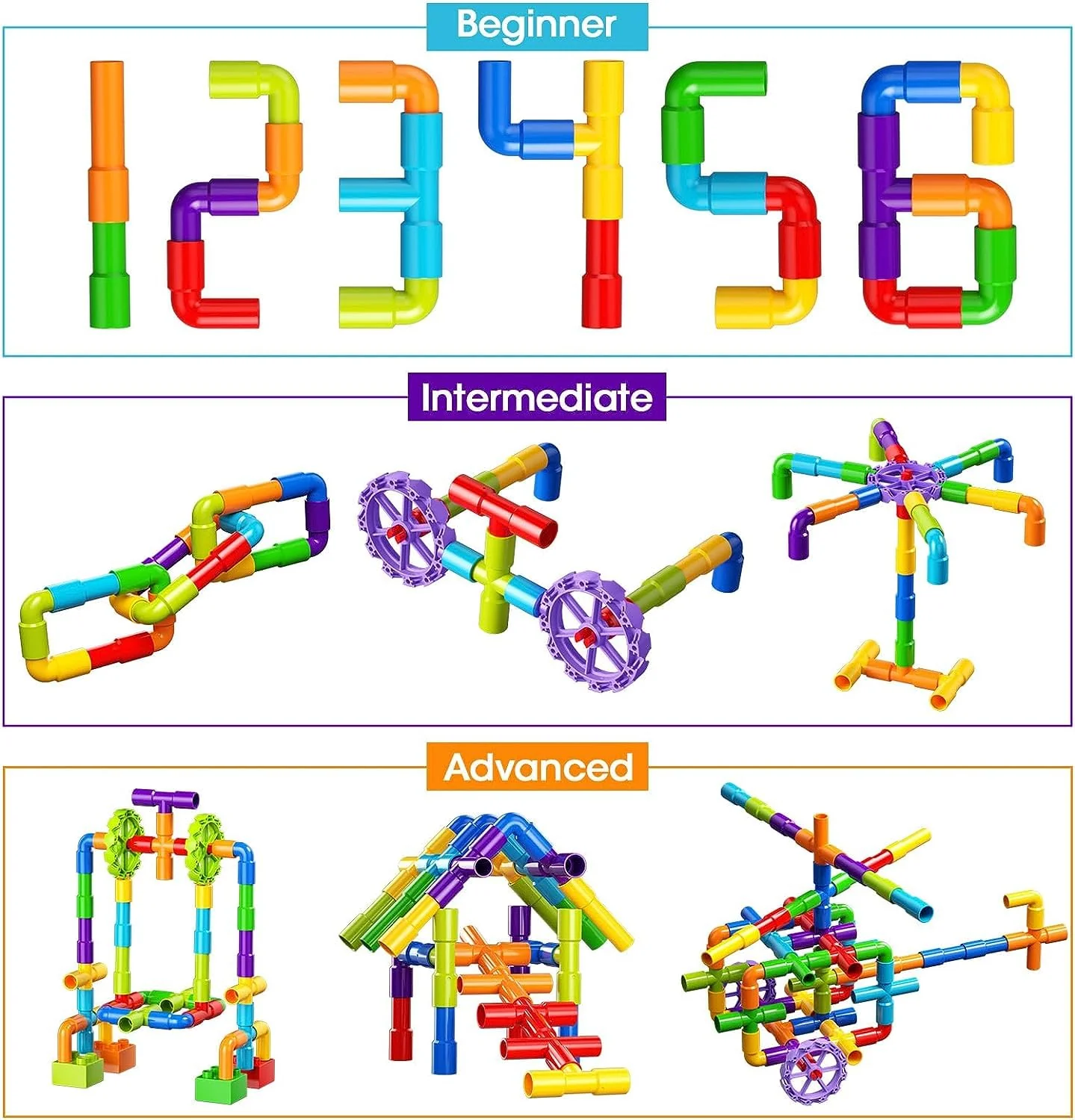 burgkidz Pipe Tube Toys, 188 Stück Klassische Bausteine Zusammenbau Steckbausteine Spielzeug mit Rädern und Grundplatte für Kinder, Geschenk für kreative Lernerziehung für Jungen und Mädchen - Image 5