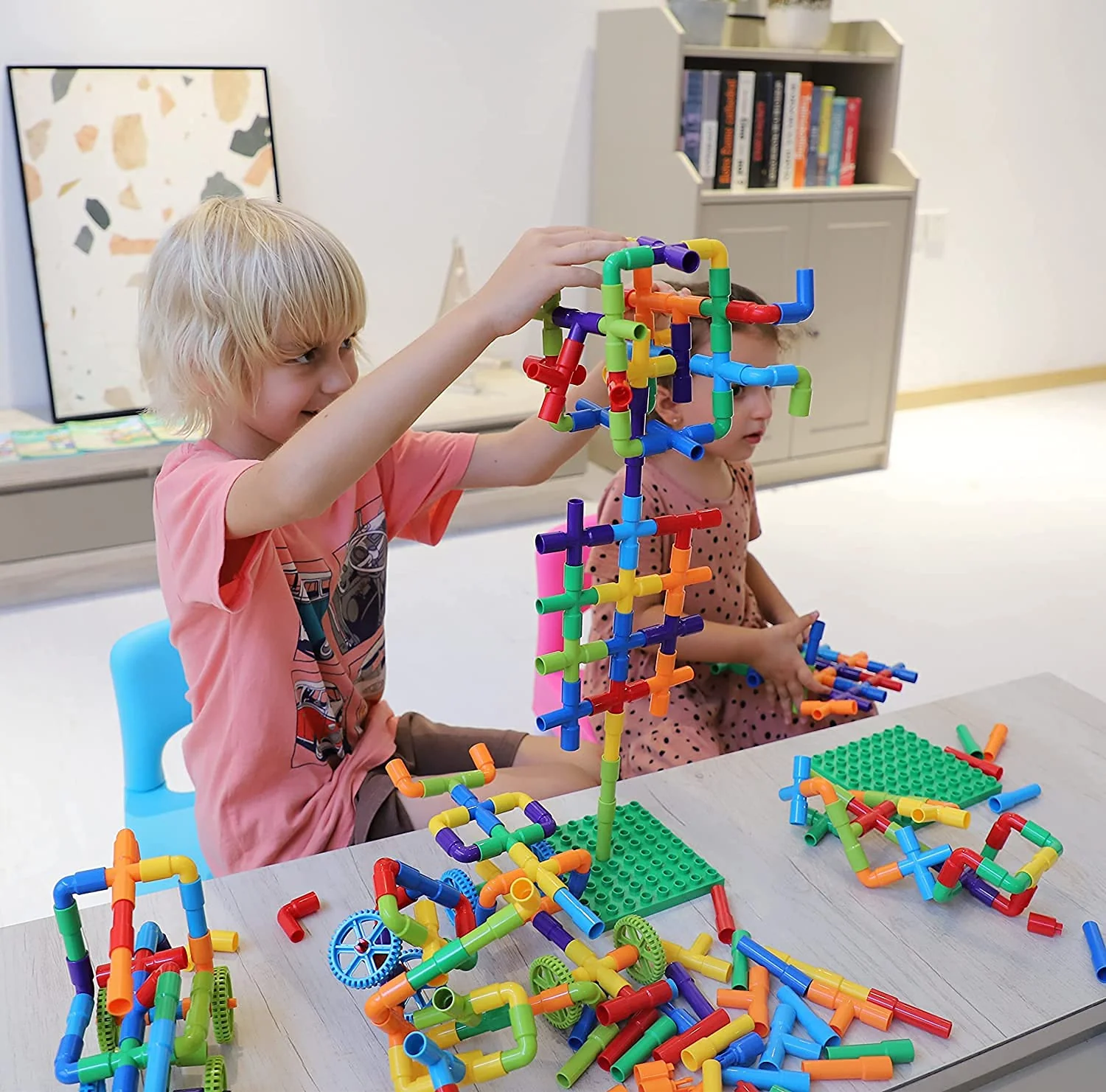 burgkidz Pipe Tube Toys, 188 Stück Klassische Bausteine Zusammenbau Steckbausteine Spielzeug mit Rädern und Grundplatte für Kinder, Geschenk für kreative Lernerziehung für Jungen und Mädchen - Image 6
