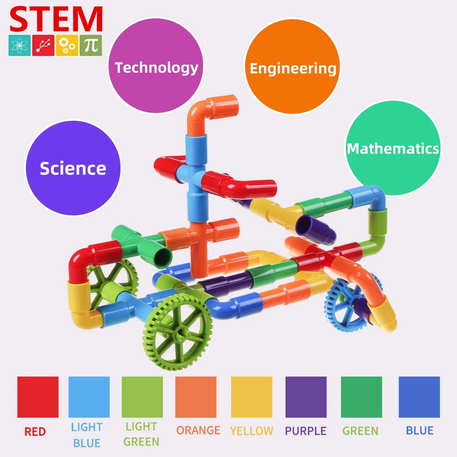 burgkidz Pipe Tube Toys, 188 Stück Klassische Bausteine Zusammenbau Steckbausteine Spielzeug mit Rädern und Grundplatte für Kinder, Geschenk für kreative Lernerziehung für Jungen und Mädchen - Image 8