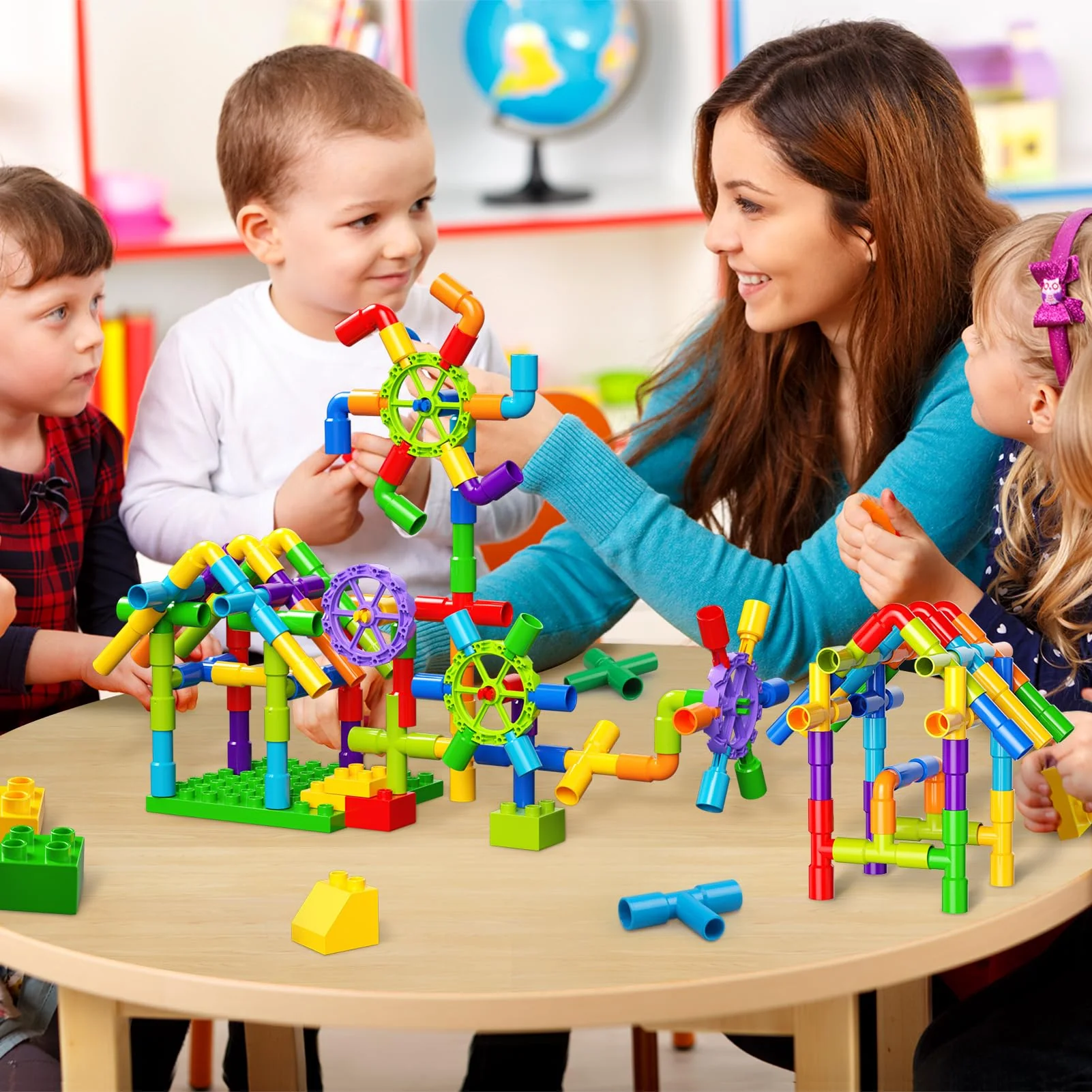 burgkidz Pipe Tube Toys, 188 Stück Klassische Bausteine Zusammenbau Steckbausteine Spielzeug mit Rädern und Grundplatte für Kinder, Geschenk für kreative Lernerziehung für Jungen und Mädchen - Image 9