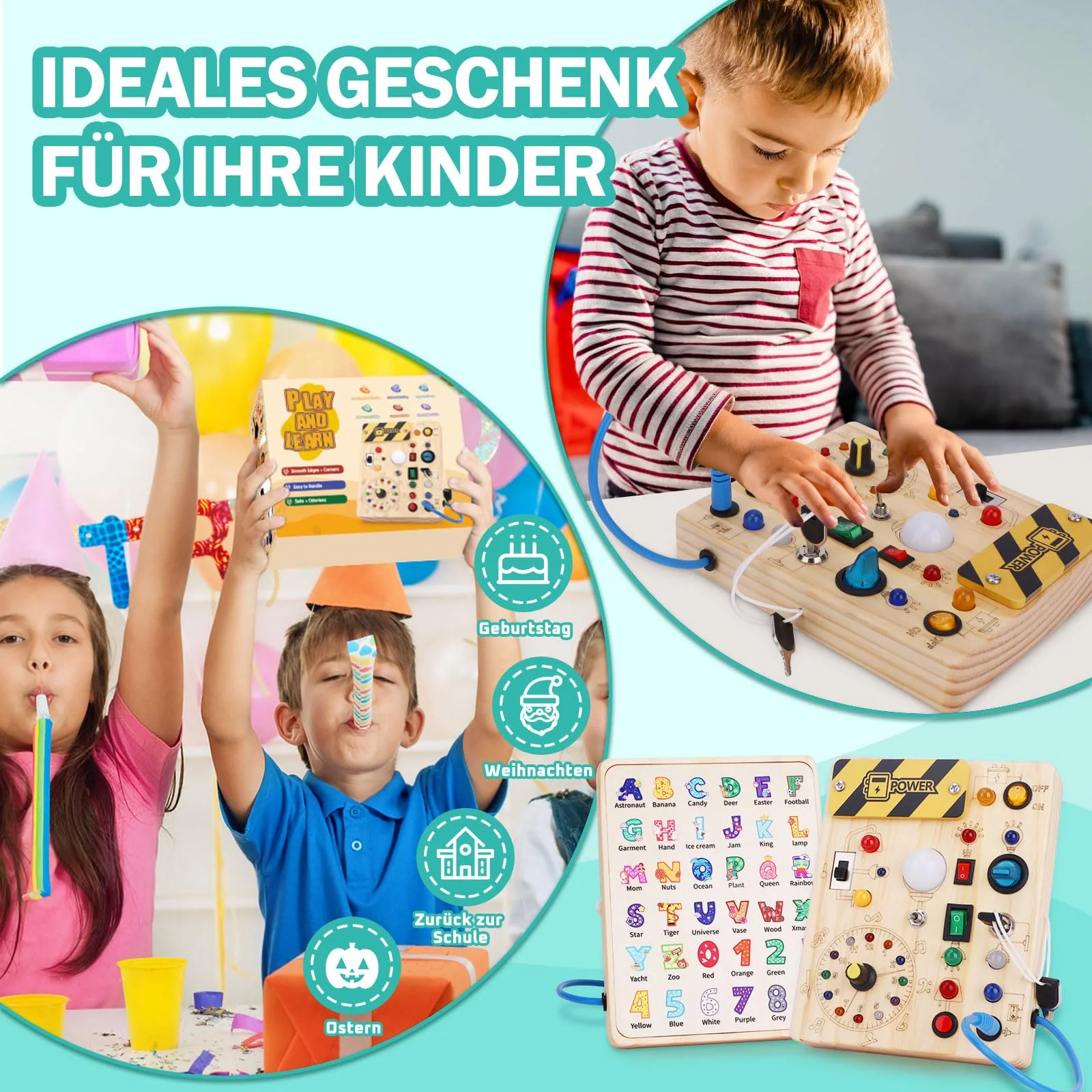 Busy Board Montessori Spielzeug ab 1 jahr Activity Board Holzspielzeug Mit 10 Schaltern und 23 LED Lichtern Sensorik Spielzeug Motorikspielzeug für Babys und Kinder ab 1 2 3 4 Jahre Jungen und Mädchen - Image 2