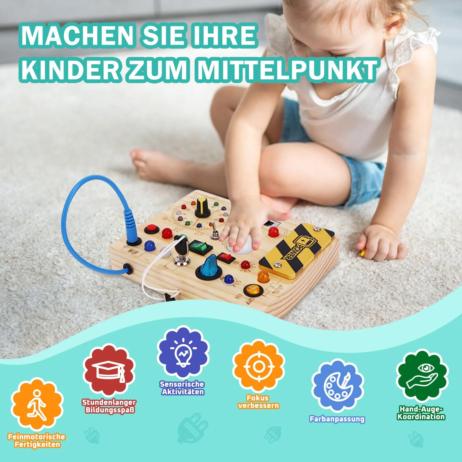 Busy Board Montessori Spielzeug ab 1 jahr Activity Board Holzspielzeug Mit 10 Schaltern und 23 LED Lichtern Sensorik Spielzeug Motorikspielzeug für Babys und Kinder ab 1 2 3 4 Jahre Jungen und Mädchen - Image 3
