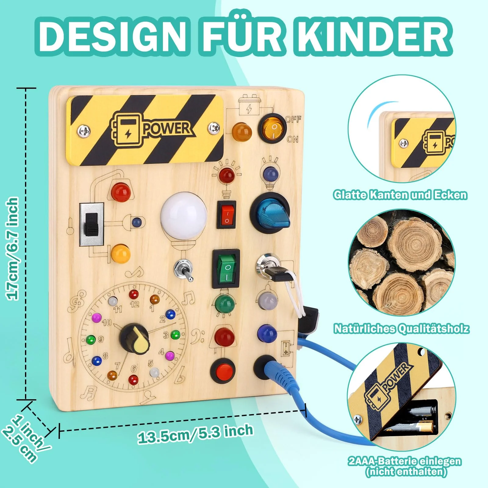 Busy Board Montessori Spielzeug ab 1 jahr Activity Board Holzspielzeug Mit 10 Schaltern und 23 LED Lichtern Sensorik Spielzeug Motorikspielzeug für Babys und Kinder ab 1 2 3 4 Jahre Jungen und Mädchen - Image 4