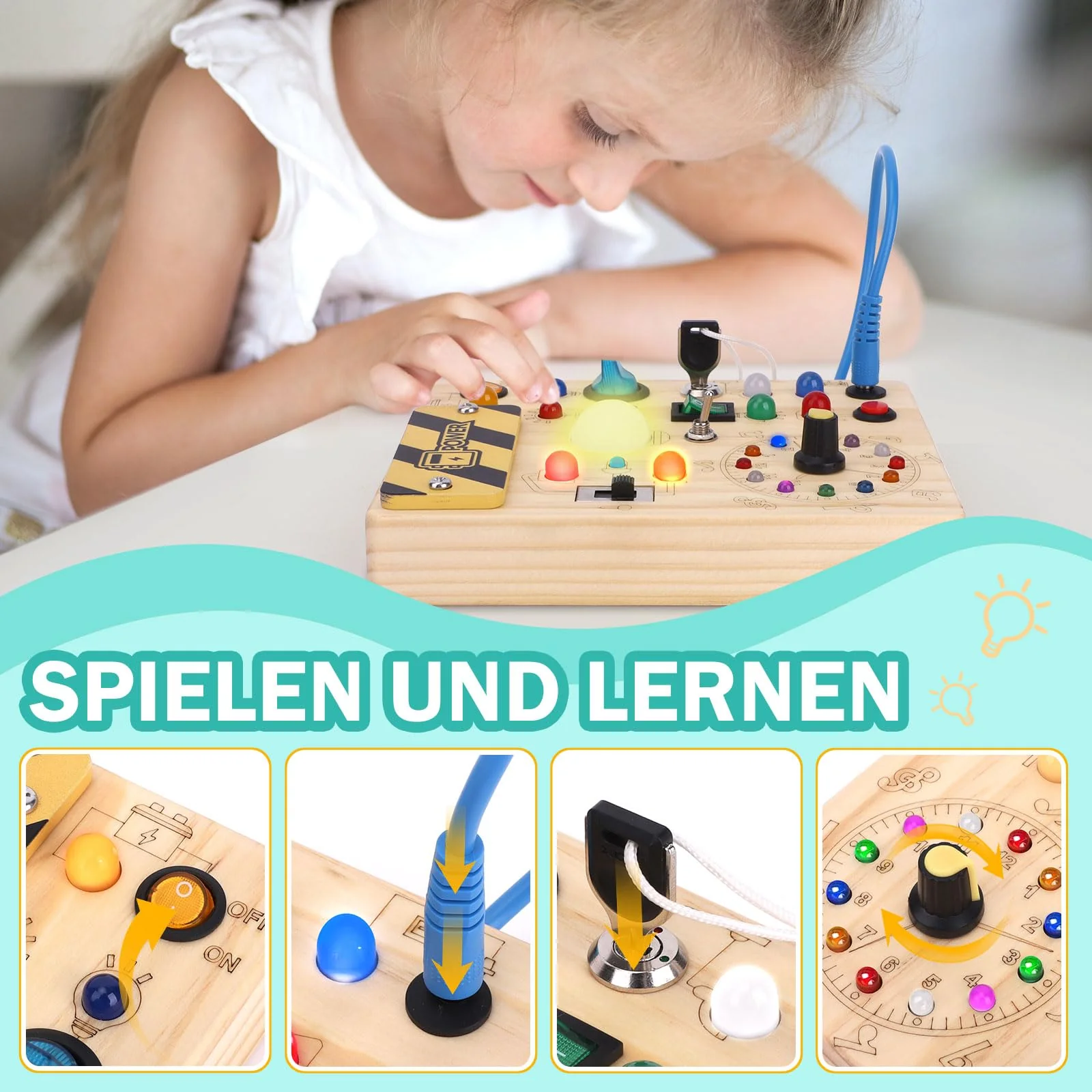 Busy Board Montessori Spielzeug ab 1 jahr Activity Board Holzspielzeug Mit 10 Schaltern und 23 LED Lichtern Sensorik Spielzeug Motorikspielzeug für Babys und Kinder ab 1 2 3 4 Jahre Jungen und Mädchen - Image 5