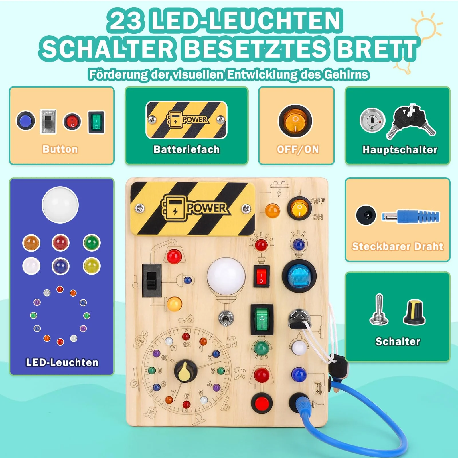 Busy Board Montessori Spielzeug ab 1 jahr Activity Board Holzspielzeug Mit 10 Schaltern und 23 LED Lichtern Sensorik Spielzeug Motorikspielzeug für Babys und Kinder ab 1 2 3 4 Jahre Jungen und Mädchen - Image 6