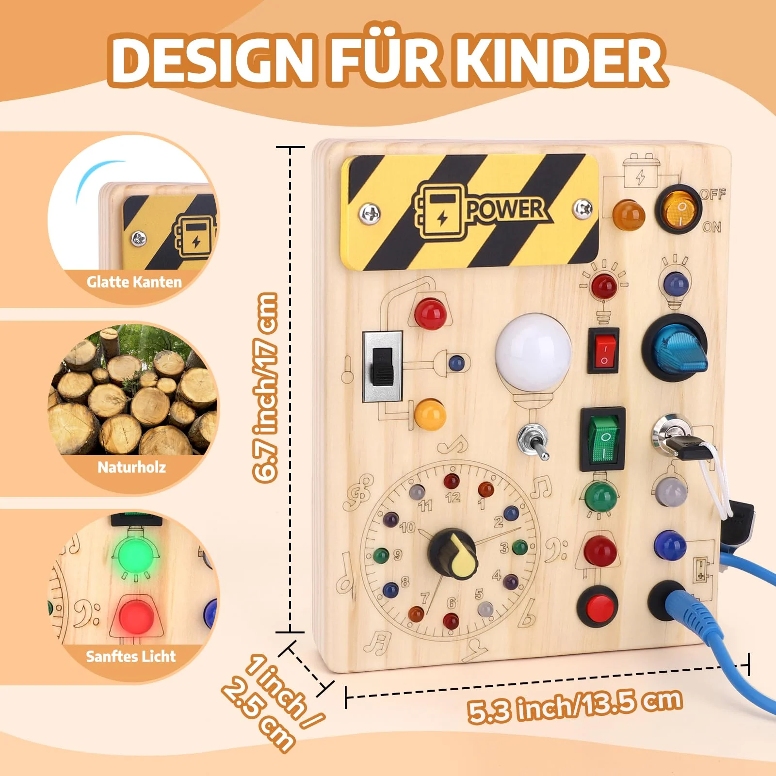 Busy Board Montessori Spielzeug Activity Board Sensorik Spielzeug Mit 10 Schaltern und 23 LED Lichtern Holzspielzeug Motorikspielzeug für Babys und Kinder ab 1 2 3 4 Jahre Jungen und Mädchen - Image 4