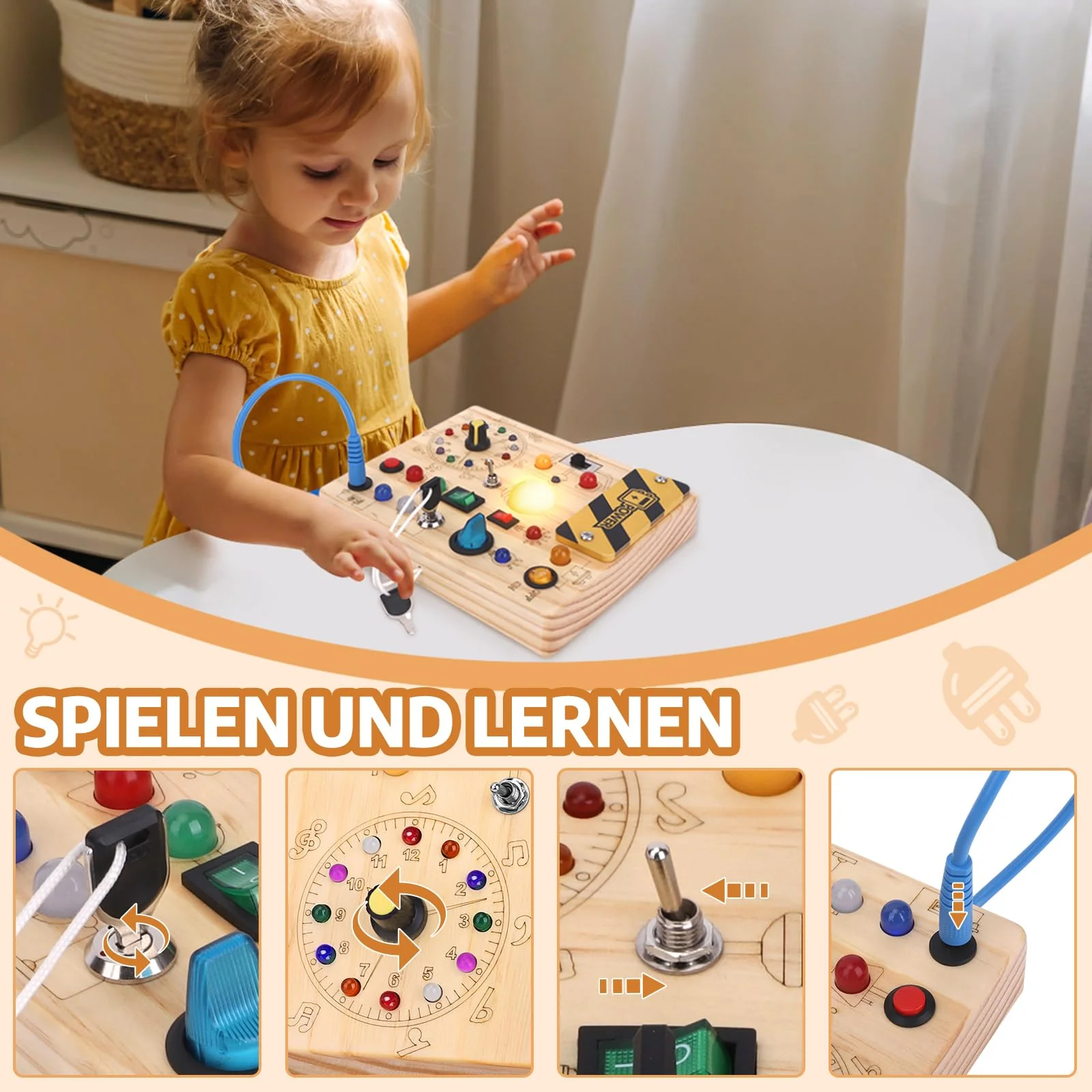 Busy Board Montessori Spielzeug Activity Board Sensorik Spielzeug Mit 10 Schaltern und 23 LED Lichtern Holzspielzeug Motorikspielzeug für Babys und Kinder ab 1 2 3 4 Jahre Jungen und Mädchen - Image 5