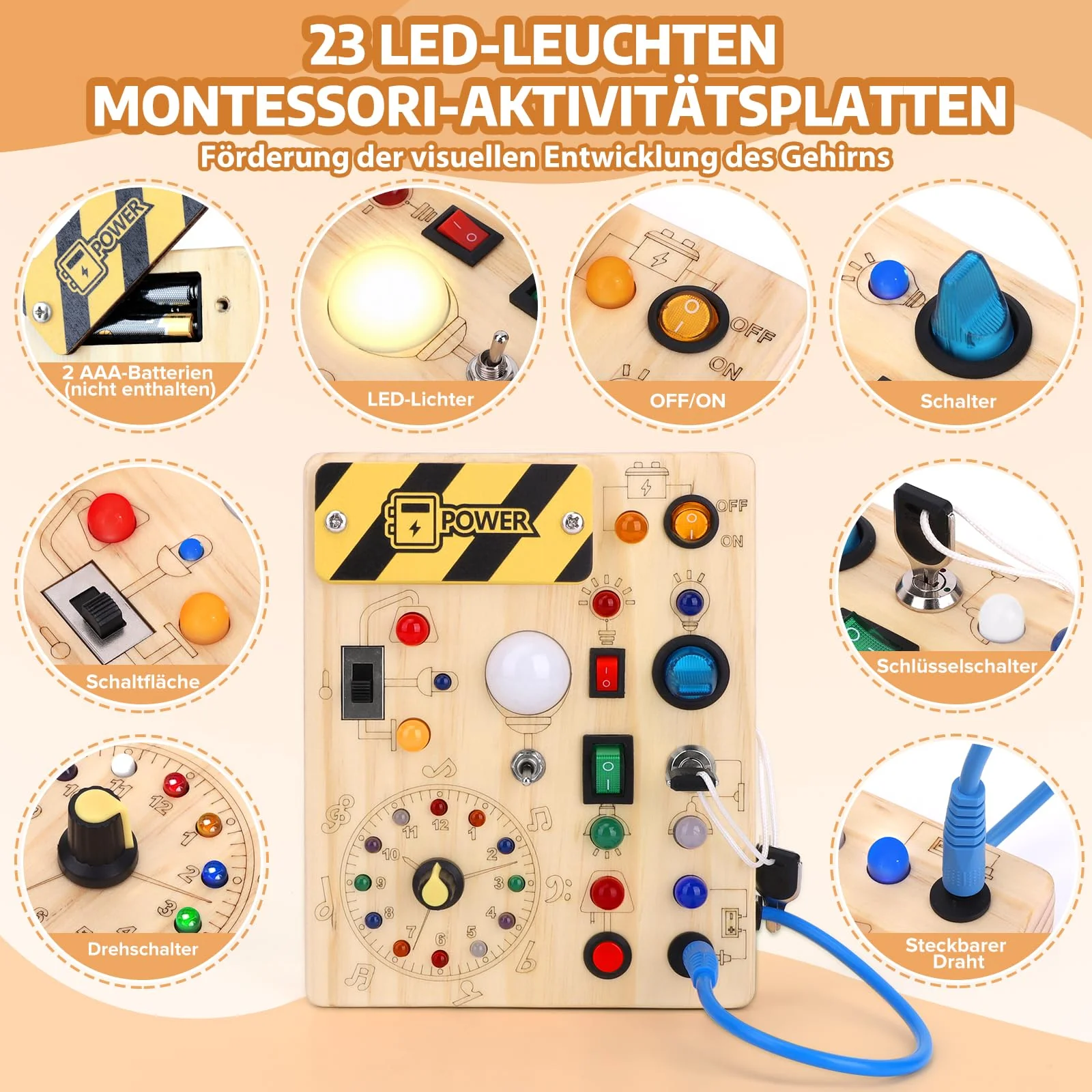 Busy Board Montessori Spielzeug Activity Board Sensorik Spielzeug Mit 10 Schaltern und 23 LED Lichtern Holzspielzeug Motorikspielzeug für Babys und Kinder ab 1 2 3 4 Jahre Jungen und Mädchen - Image 6