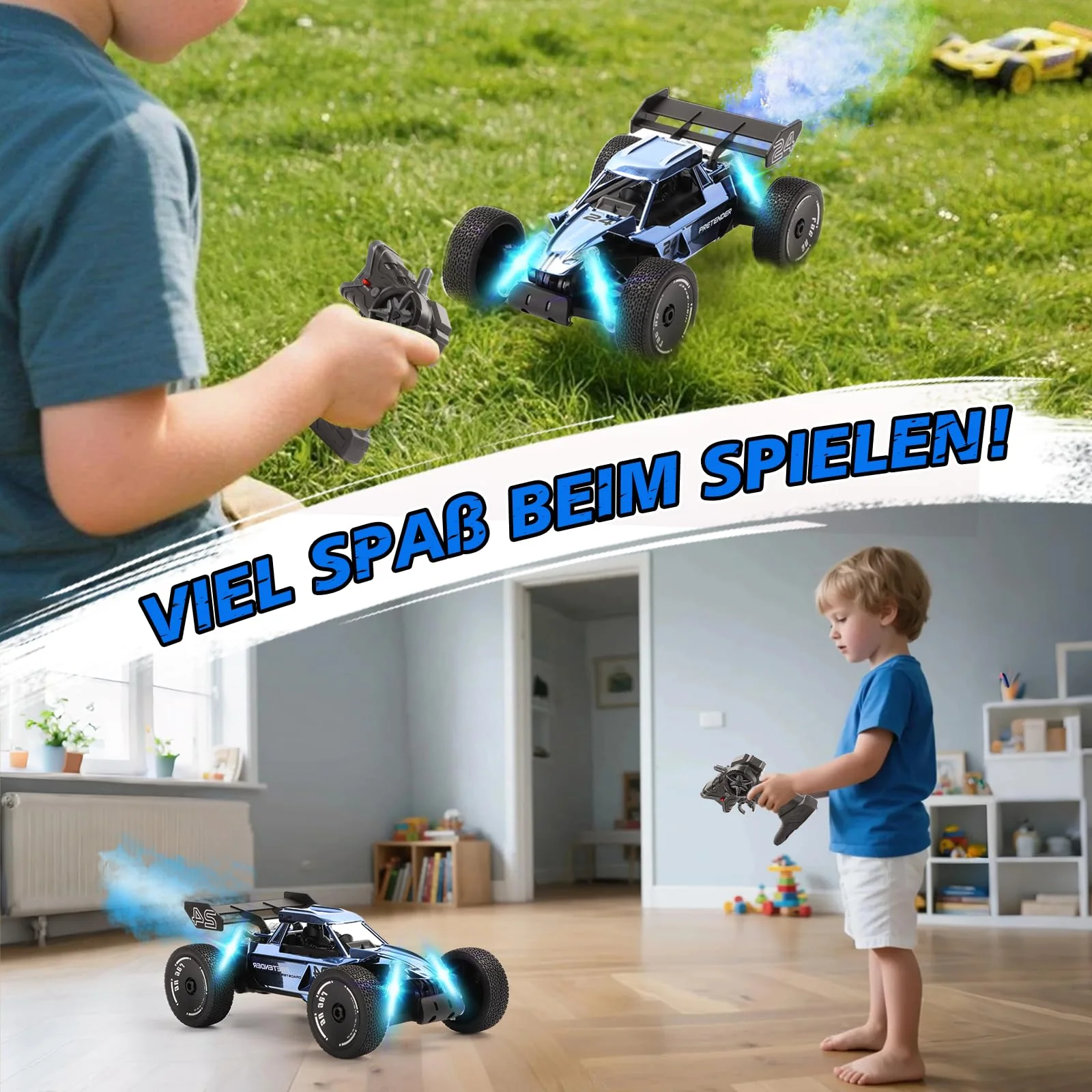BuzzoXerex 1:18 Ferngesteuertes Auto, 2.4GHz RC Offroad Auto, 2WD 15KM/H RC Buggy mit Sprühfunktion LED-Leuchten, 60 Min Spielzeit, Spielzeugauto Geschenk für Kinder ab 6 7 8 Jahre (Blau) - Image 2