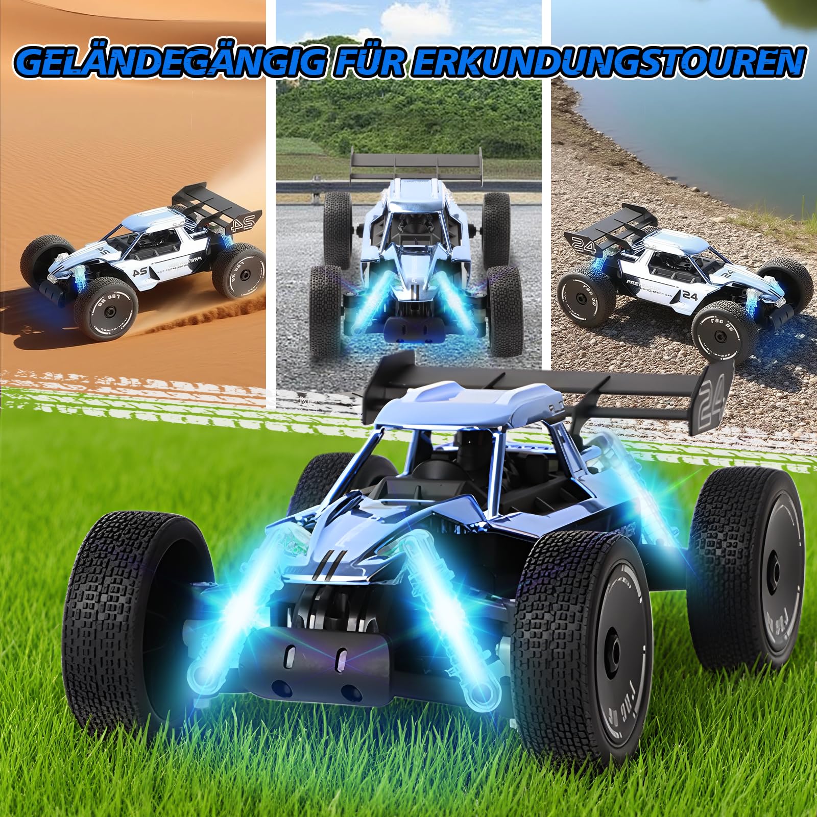 BuzzoXerex 1:18 Ferngesteuertes Auto, 2.4GHz RC Offroad Auto, 2WD 15KM/H RC Buggy mit Sprühfunktion LED-Leuchten, 60 Min Spielzeit, Spielzeugauto Geschenk für Kinder ab 6 7 8 Jahre (Blau) - Image 3
