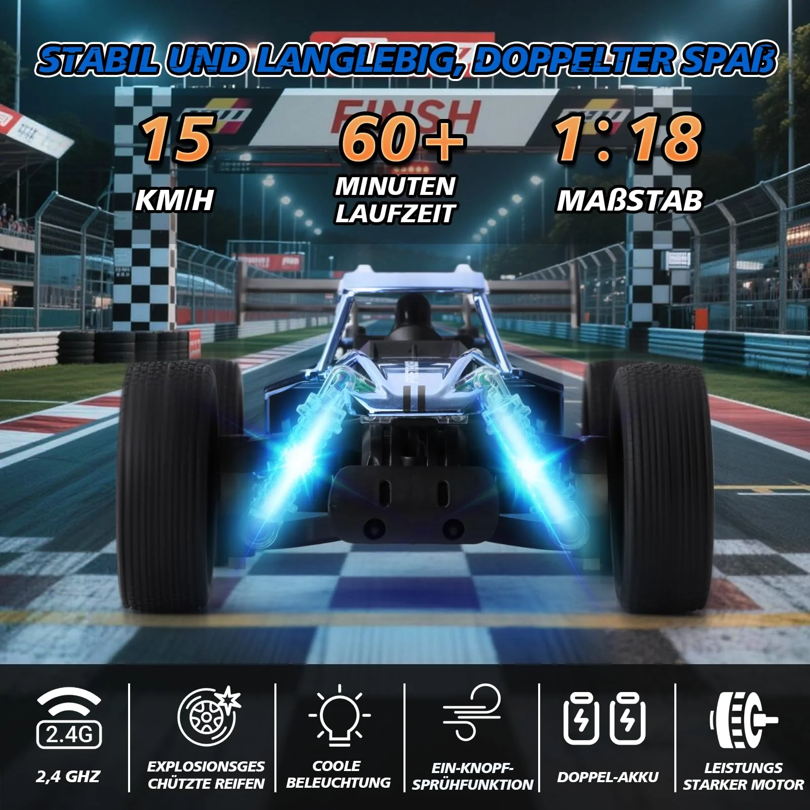 BuzzoXerex 1:18 Ferngesteuertes Auto, 2.4GHz RC Offroad Auto, 2WD 15KM/H RC Buggy mit Sprühfunktion LED-Leuchten, 60 Min Spielzeit, Spielzeugauto Geschenk für Kinder ab 6 7 8 Jahre (Blau) - Image 4