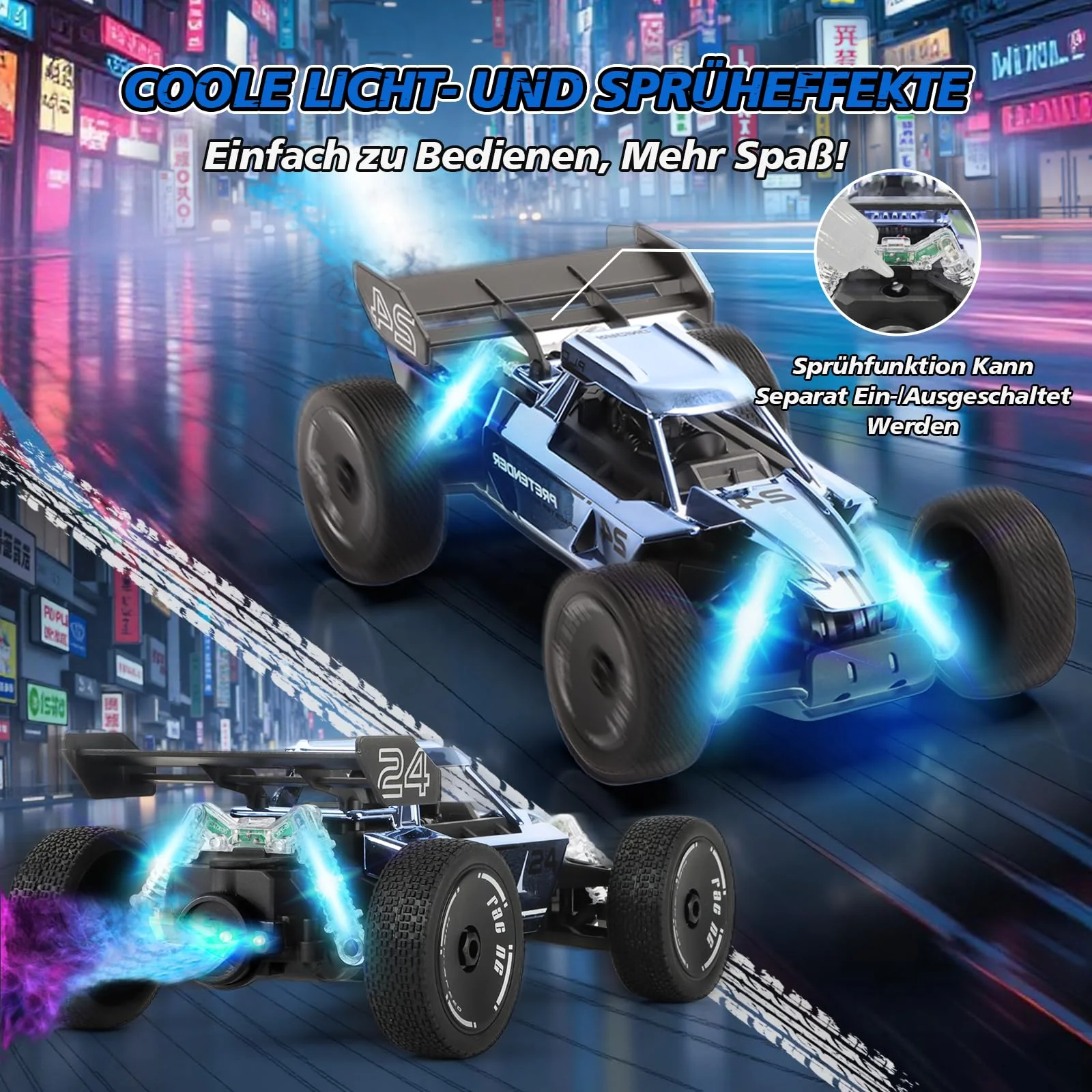 BuzzoXerex 1:18 Ferngesteuertes Auto, 2.4GHz RC Offroad Auto, 2WD 15KM/H RC Buggy mit Sprühfunktion LED-Leuchten, 60 Min Spielzeit, Spielzeugauto Geschenk für Kinder ab 6 7 8 Jahre (Blau) - Image 5