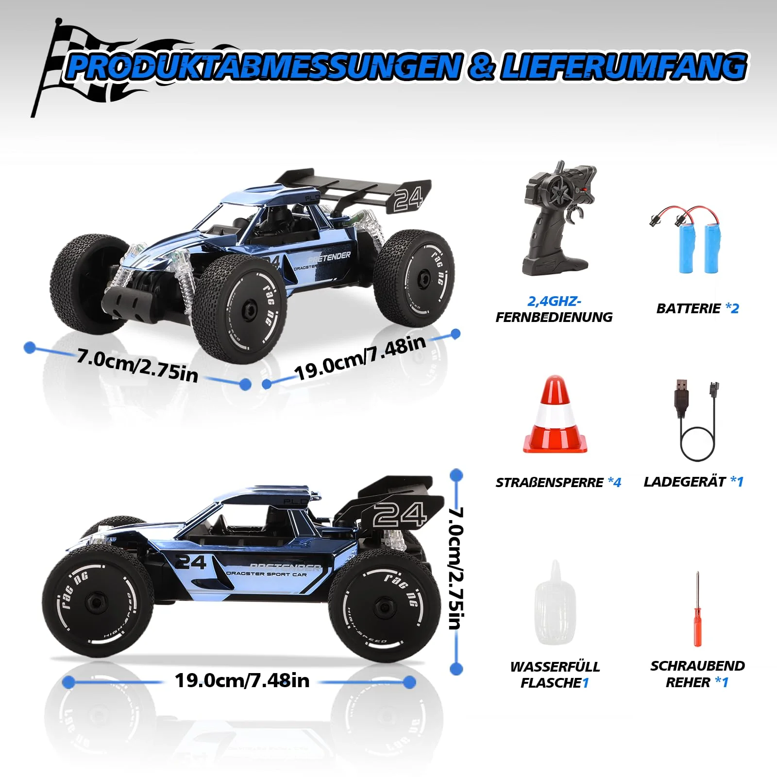 BuzzoXerex 1:18 Ferngesteuertes Auto, 2.4GHz RC Offroad Auto, 2WD 15KM/H RC Buggy mit Sprühfunktion LED-Leuchten, 60 Min Spielzeit, Spielzeugauto Geschenk für Kinder ab 6 7 8 Jahre (Blau) - Image 6