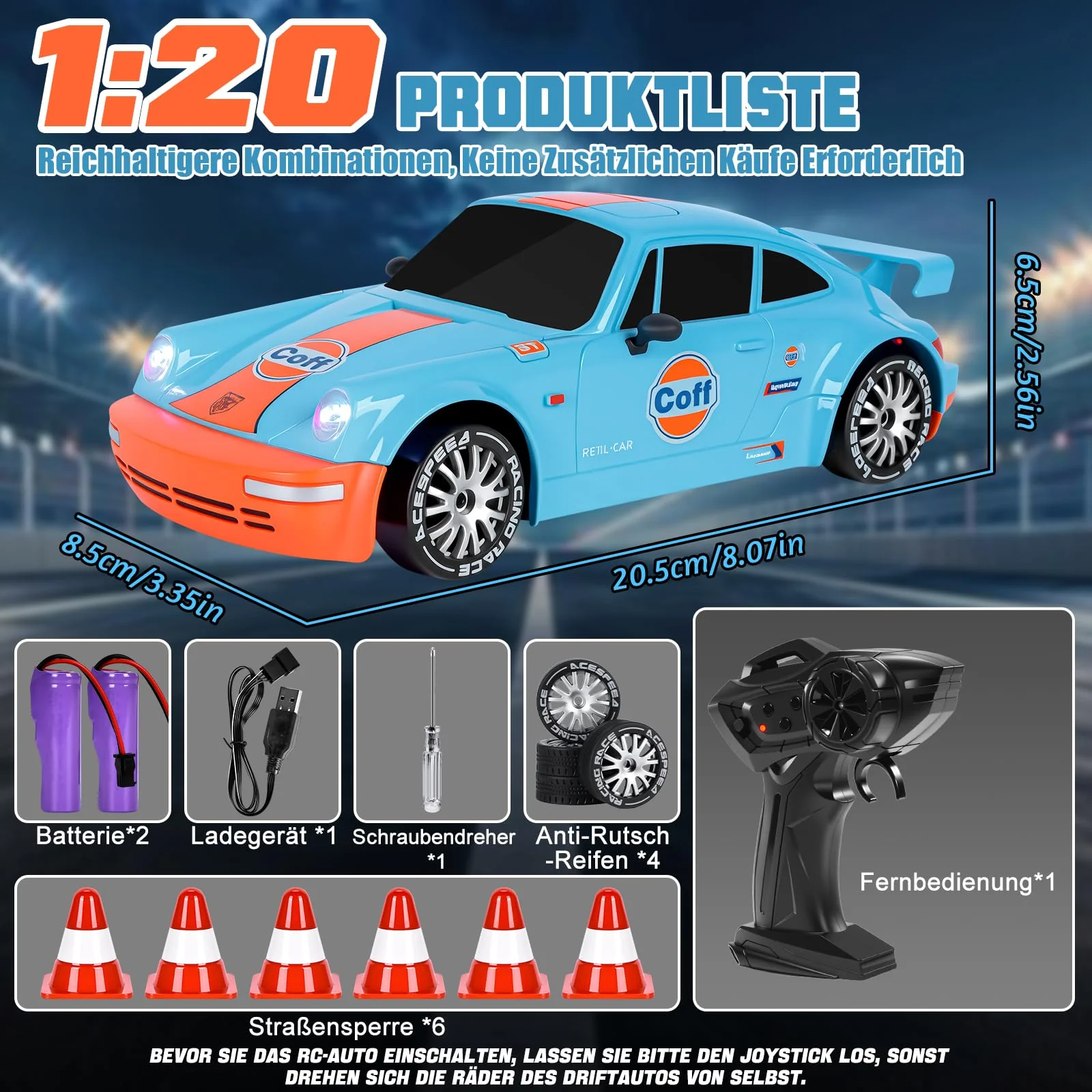 BuzzoXerex 1:20 RC Drift Car, 4WD Drift Auto Ferngesteuert, 15km/h RC Drift Auto, Mini Drift Car mit Unterbodenlicht und Straßensperren, Tabletop Drift RC Car für Kinder ab 8+ Jahre (Blau) - Image 5