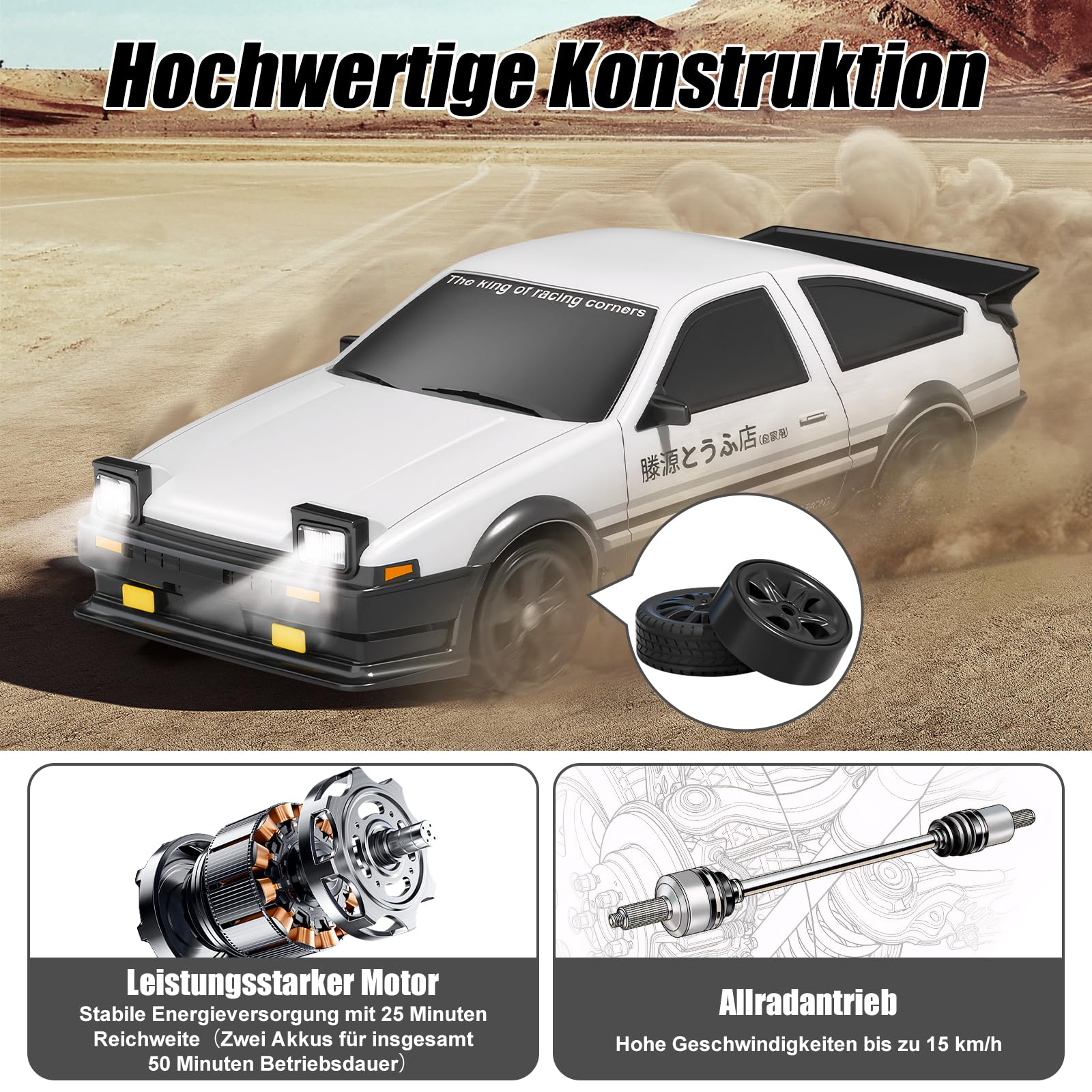 BuzzoXerex Drift Auto Ferngesteuert, Mini Drift Car, 1:24 4WD Mini RC Auto mit LED-Leuchten,18 km/h, RC Ferngesteuertes Spielzeugauto für Erwachsene und Kinder ab 6 Jahre älter (Weiß) - Image 6