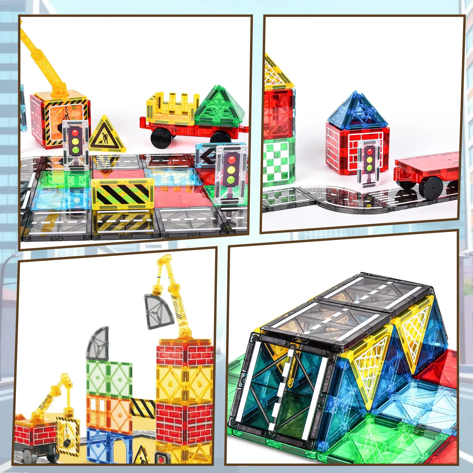 BuzzoXerex Magnetische Bausteine Stadtstraßen Set, 70 Magnetische Fliesen Straßenset, Magnetbausteine Set mit Ausfahrbarem Magnetkran, Magnet Spielzeug für Kinder ab 3 4 5 6 Jahre - Image 3