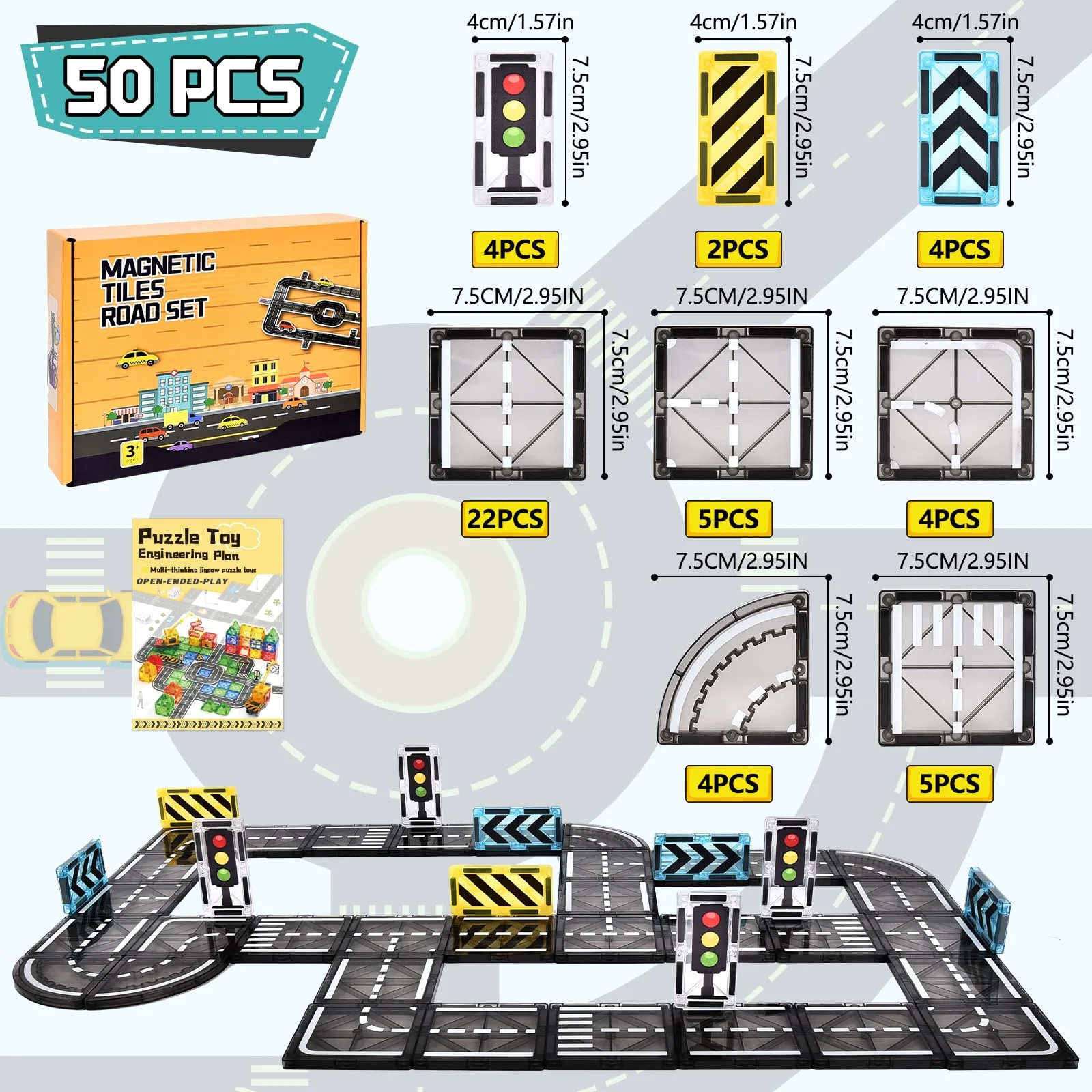BuzzoXerex Magnetische Bausteine Straßenset, 50PCS Magnetische Fliesen Stadtstraßen, Magnetbausteine Straßenaufsatz-Set Lernaktivitäten Geschenk ab 3 4 5 Jahre - Image 2