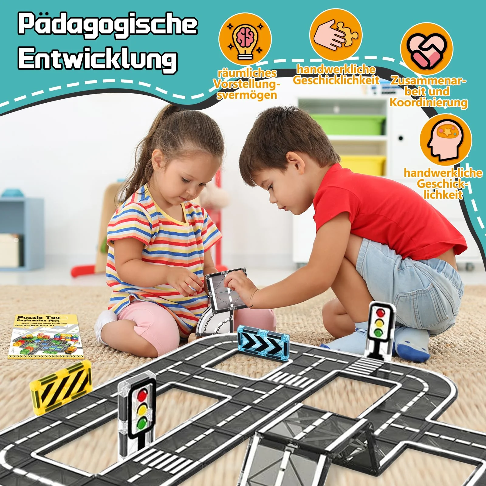 BuzzoXerex Magnetische Bausteine Straßenset, 50PCS Magnetische Fliesen Stadtstraßen, Magnetbausteine Straßenaufsatz-Set Lernaktivitäten Geschenk ab 3 4 5 Jahre - Image 4