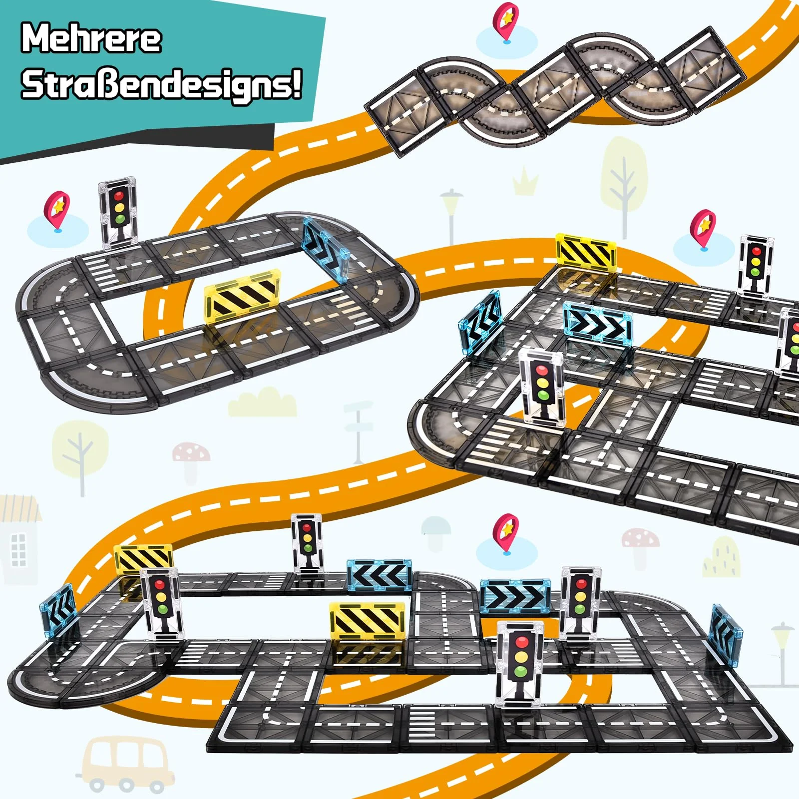 BuzzoXerex Magnetische Bausteine Straßenset, 50PCS Magnetische Fliesen Stadtstraßen, Magnetbausteine Straßenaufsatz-Set Lernaktivitäten Geschenk ab 3 4 5 Jahre - Image 5