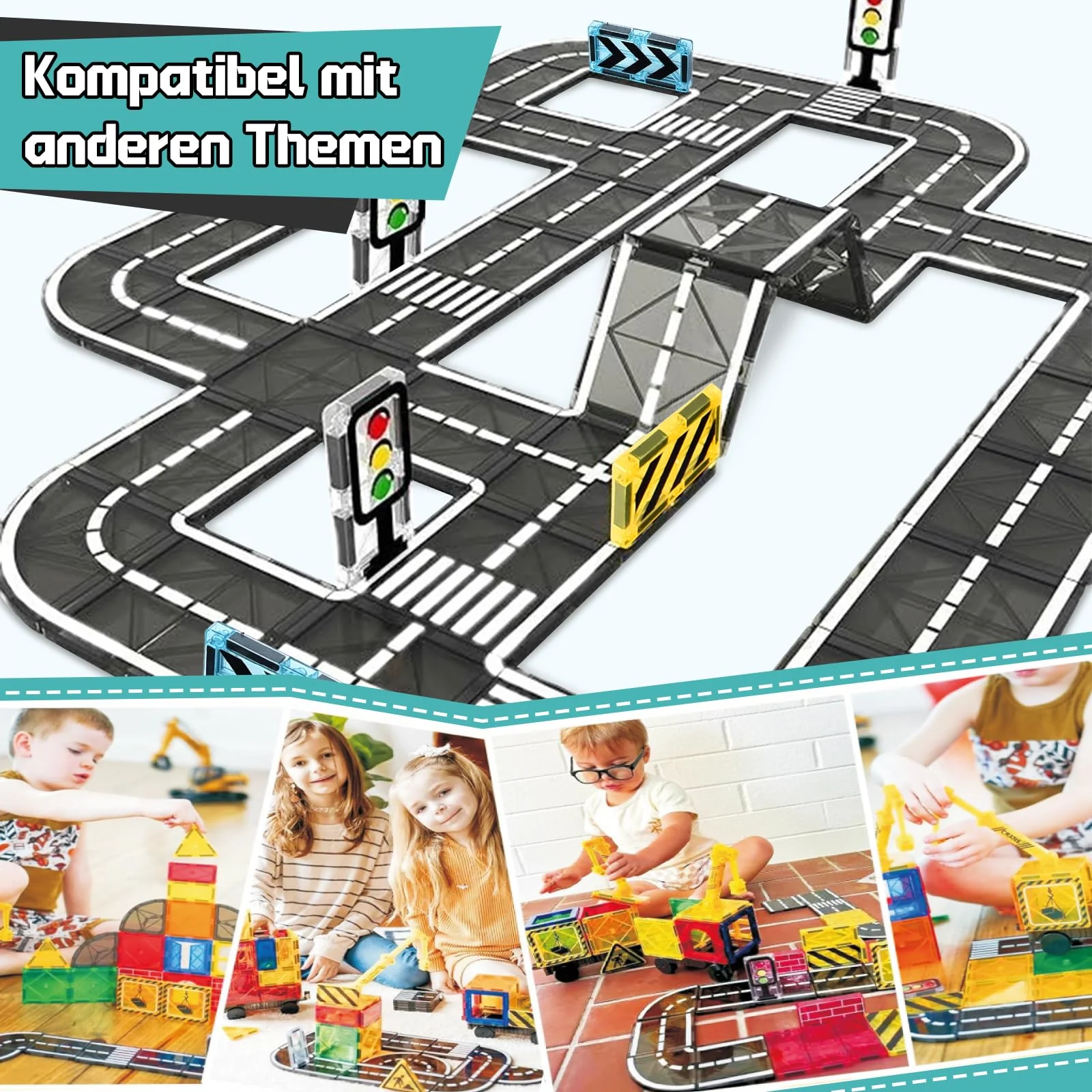 BuzzoXerex Magnetische Bausteine Straßenset, 50PCS Magnetische Fliesen Stadtstraßen, Magnetbausteine Straßenaufsatz-Set Lernaktivitäten Geschenk ab 3 4 5 Jahre - Image 6