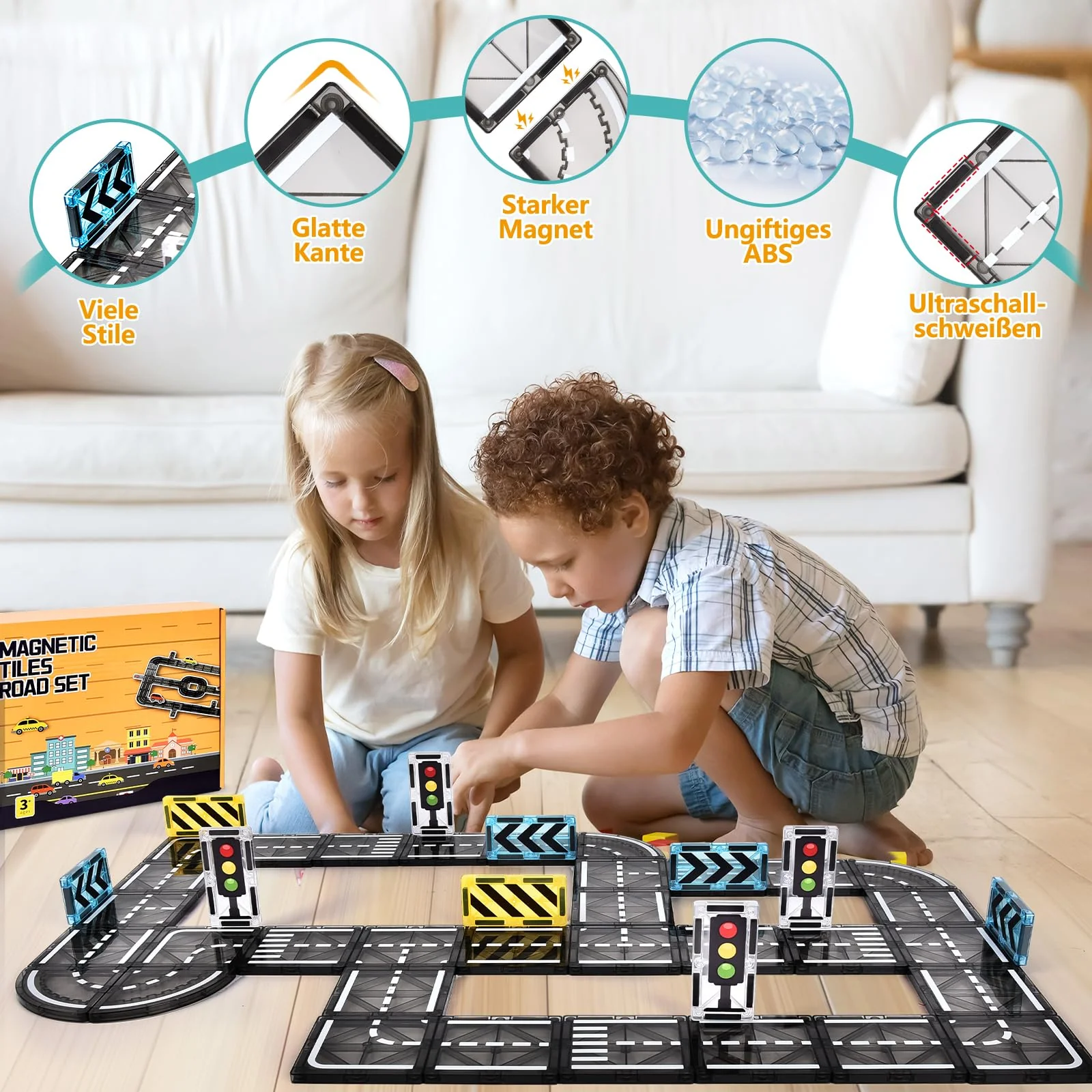 BuzzoXerex Magnetische Bausteine Straßenset, 50PCS Magnetische Fliesen Stadtstraßen, Magnetbausteine Straßenaufsatz-Set Lernaktivitäten Geschenk ab 3 4 5 Jahre - Image 7