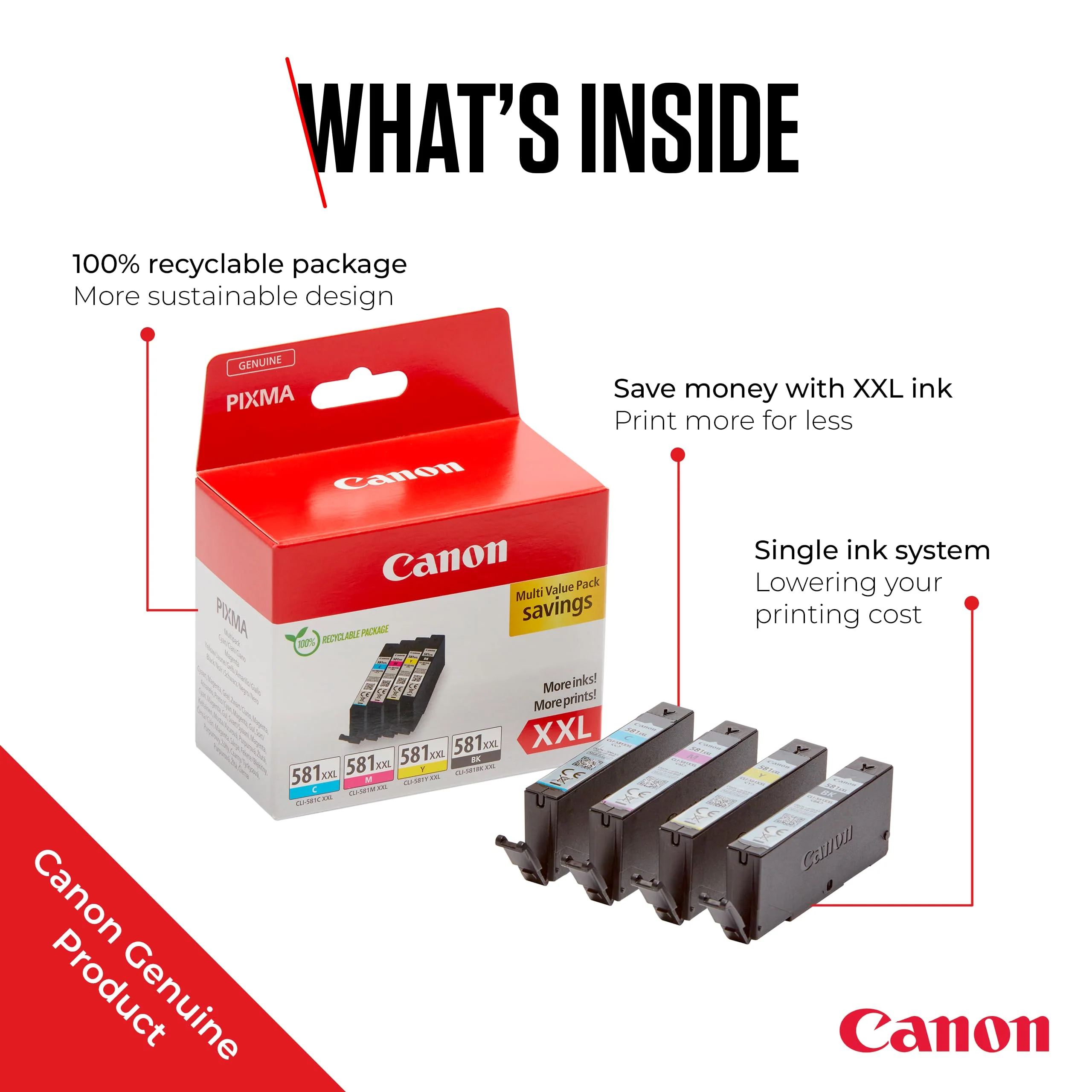 Canon CLI-581 XXL C M Y BK Vorteilspack 4 Tintenpatronen höchste Reichweite XXL (Schwarz XXL, Cyan XXL, Magenta XXL, Gelb XXL) Original [Umweltfreundliche Recycle-Kartonverpackung 2024] - Image 3
