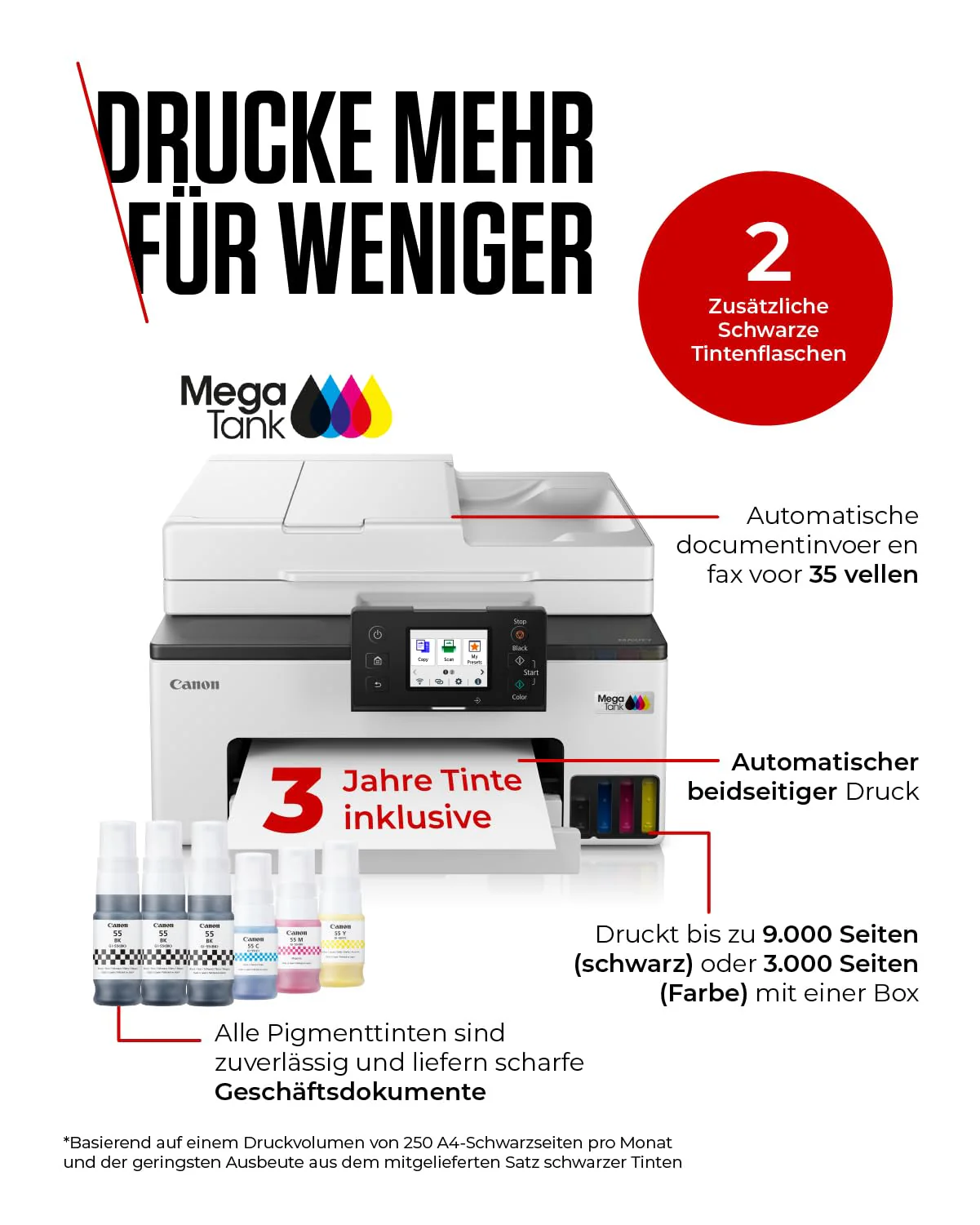 Canon MAXIFY GX2050 Tintenstrahldrucker 4-in-1 Multifunktionsgerät DIN A4 (Drucker, Scanner, Kopierer, Fax, ADF, 600x1200 DPI, WLAN, USB, Duplexdruck, 250 Blatt Kassette) Enthält 6 x Tintenflaschen - Image 7