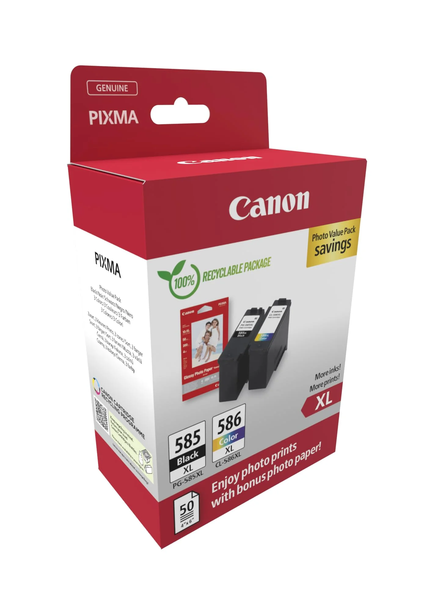 Canon PG-585XL / CL-586XL Original-Tintenpatronen, 2er-Pack (1x Schwarz, 1x Farbe), inkl. 50 Blatt 4x6-Fotopapier - Kompatibel mit PIXMA TS7650i / TS7750i - Image 2