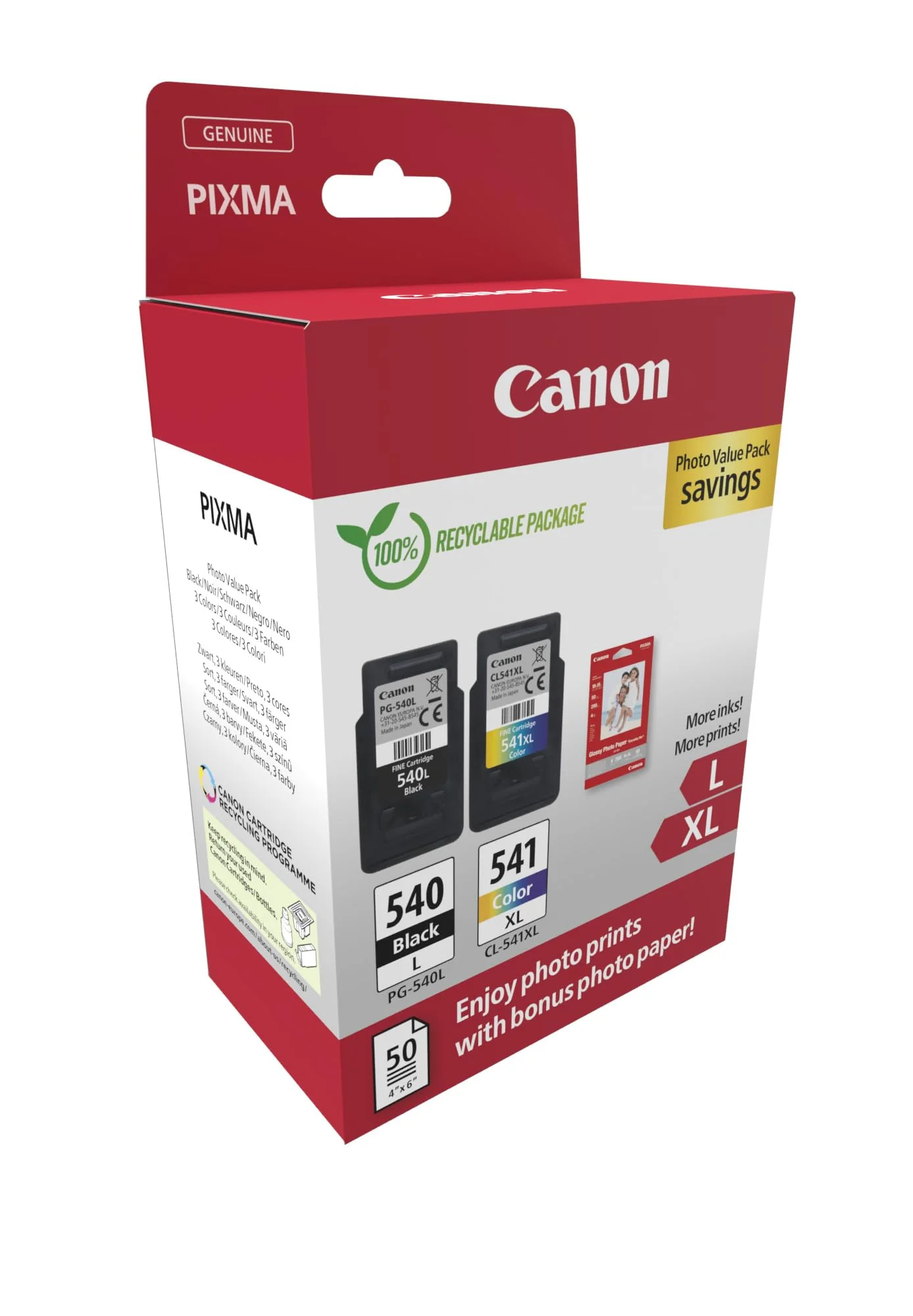 Canon PG540 L CL541 XL Vorteilspack 2 Tintenpatronen größere Reichweite L/LX (Schwarz L, Farbe XL) Original +50 Blatt 10x15cm Photo Paper [Umweltfreundliche Recycle-Kartonverpackung 2024] - Image 2