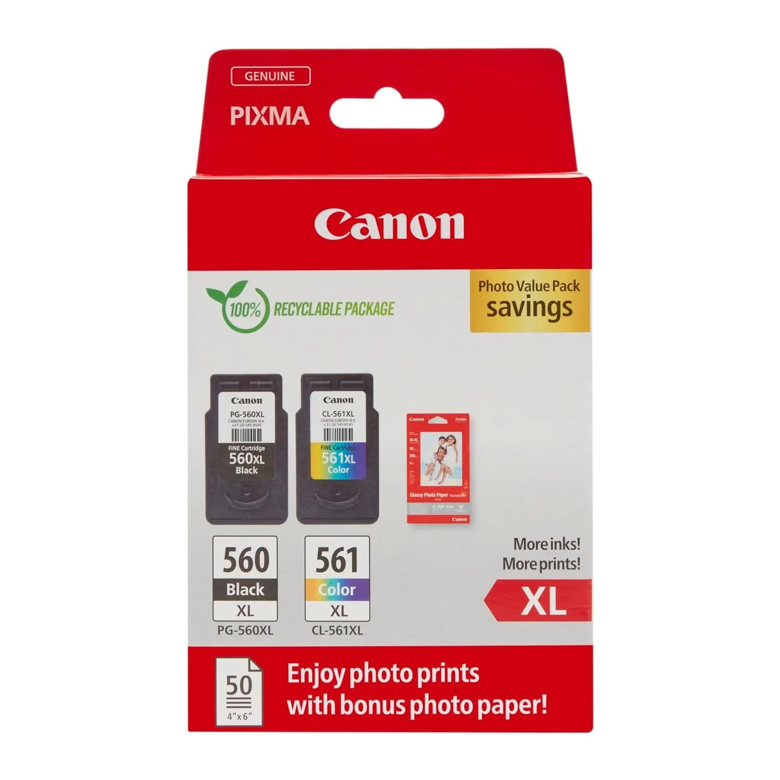 Canon Tinte & Papier Multipack - PG-560XL/CL-561XL Original Tintenpatronen 2er Pack (1 x Schwarz XL, 1 x Farbe XL) & 4x6 Fotopapier (50 x Blatt) - Kompatibel PIXMA Druckern - Image 7