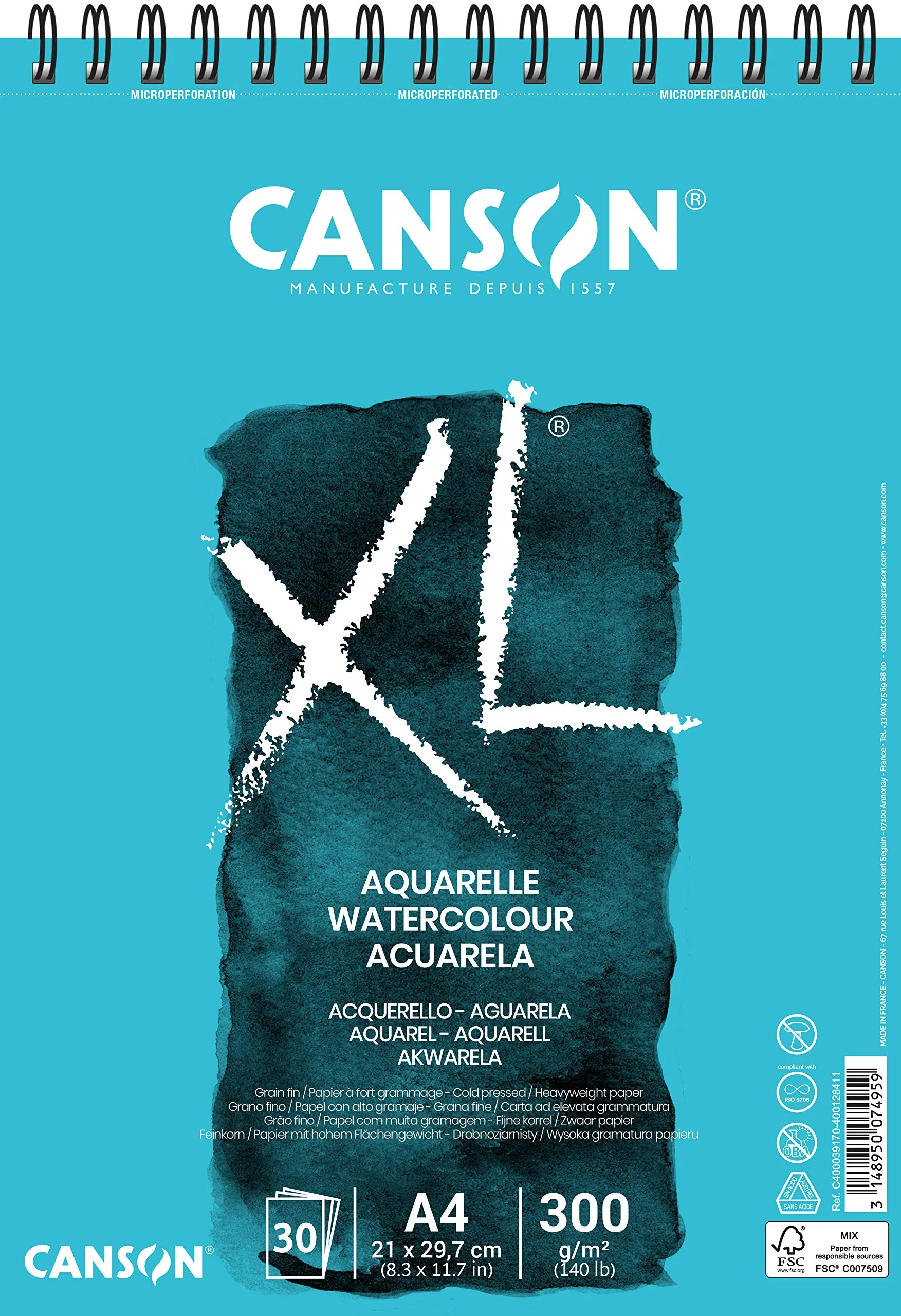CANSON XL Aquarelle C400039170: Aquarellpapier - Aquarellblock in DIN A4 - 300g - mit Spiralbindung als Ringbuch - Malblock optimal für Wasserfarben & Aquarell, Blau