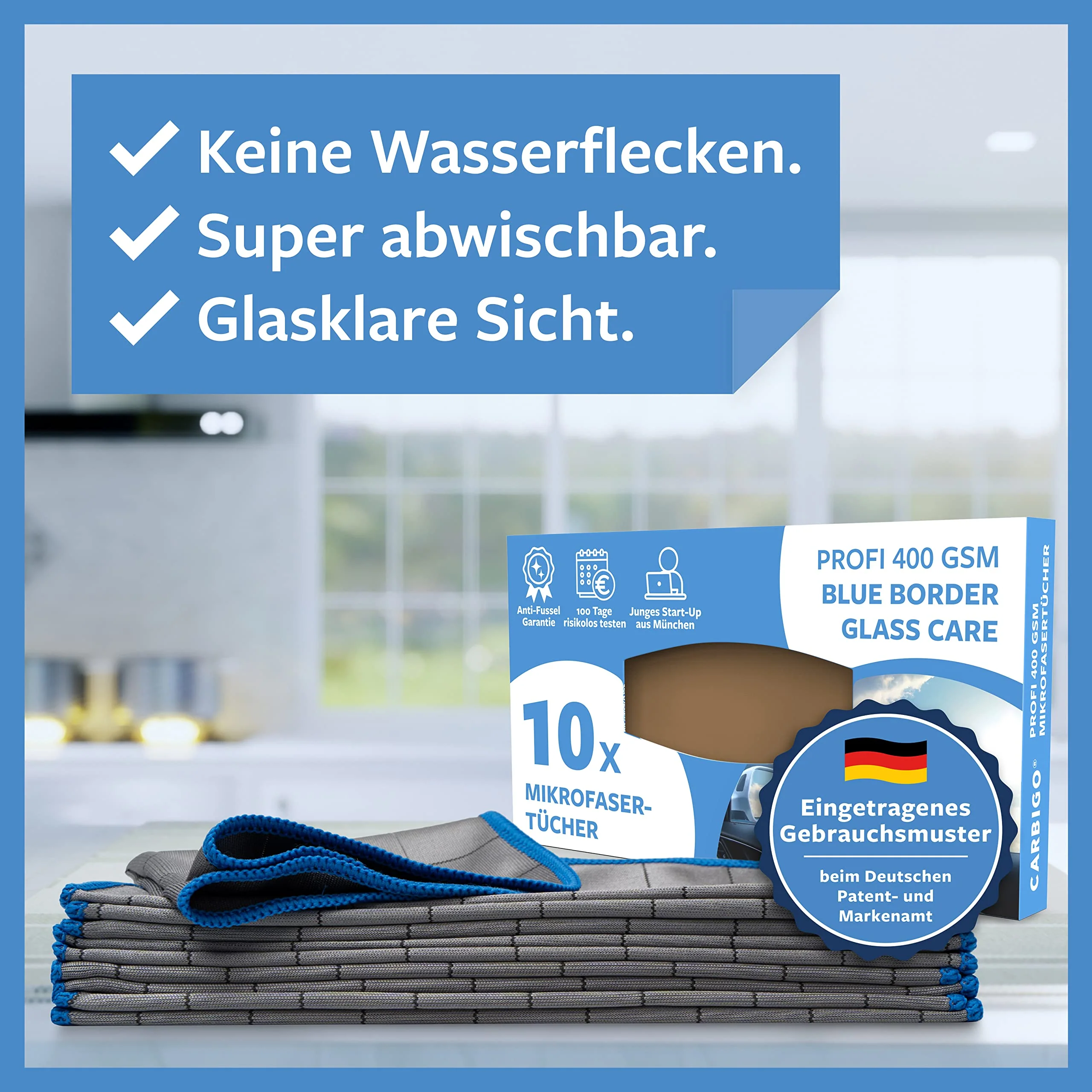 Carbigo® Box 10x Mikrofaser Glastücher – Microfasertuch Glas für streifenfreie Reinigung von Scheiben, Fenster, Gläser – Kristallklare Autoscheiben – Perfekte Microfaser Glastücher 25x25cm (400 GSM) - Image 2