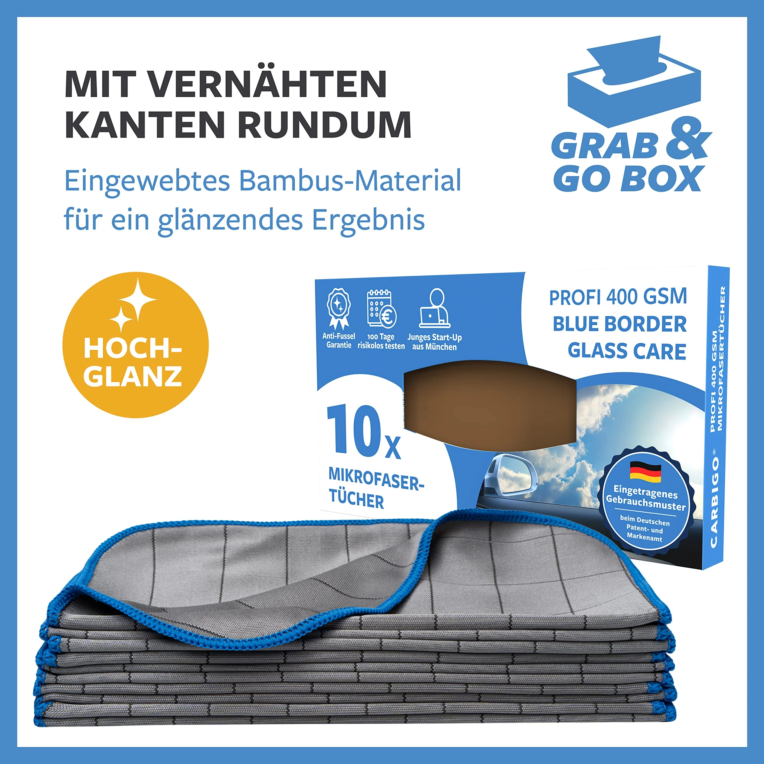 Carbigo® Box 10x Mikrofaser Glastücher – Microfasertuch Glas für streifenfreie Reinigung von Scheiben, Fenster, Gläser – Kristallklare Autoscheiben – Perfekte Microfaser Glastücher 25x25cm (400 GSM) - Image 3