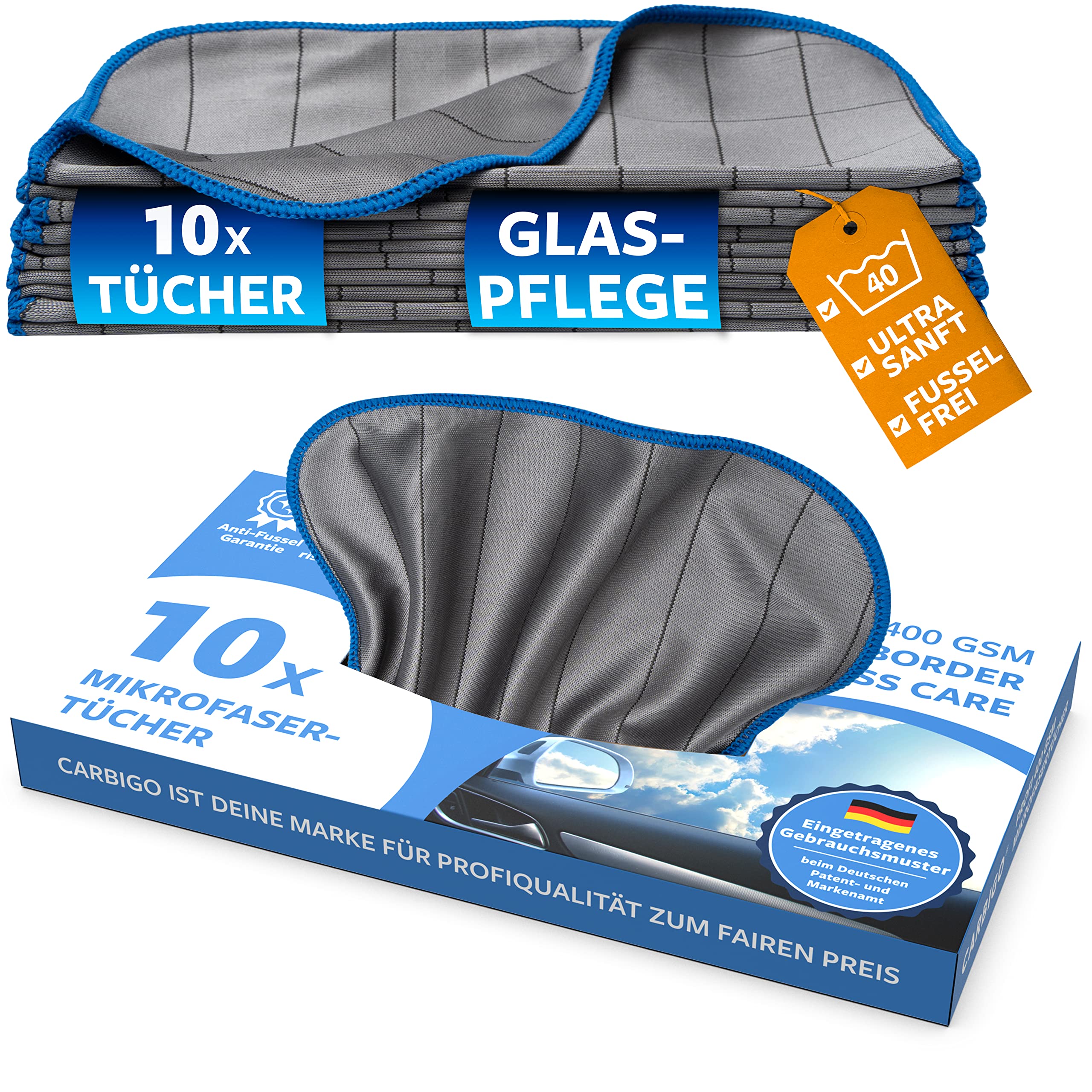 Carbigo® Box 10x Mikrofaser Glastücher – Microfasertuch Glas für streifenfreie Reinigung von Scheiben, Fenster, Gläser – Kristallklare Autoscheiben – Perfekte Microfaser Glastücher 25x25cm (400 GSM) - Image 8