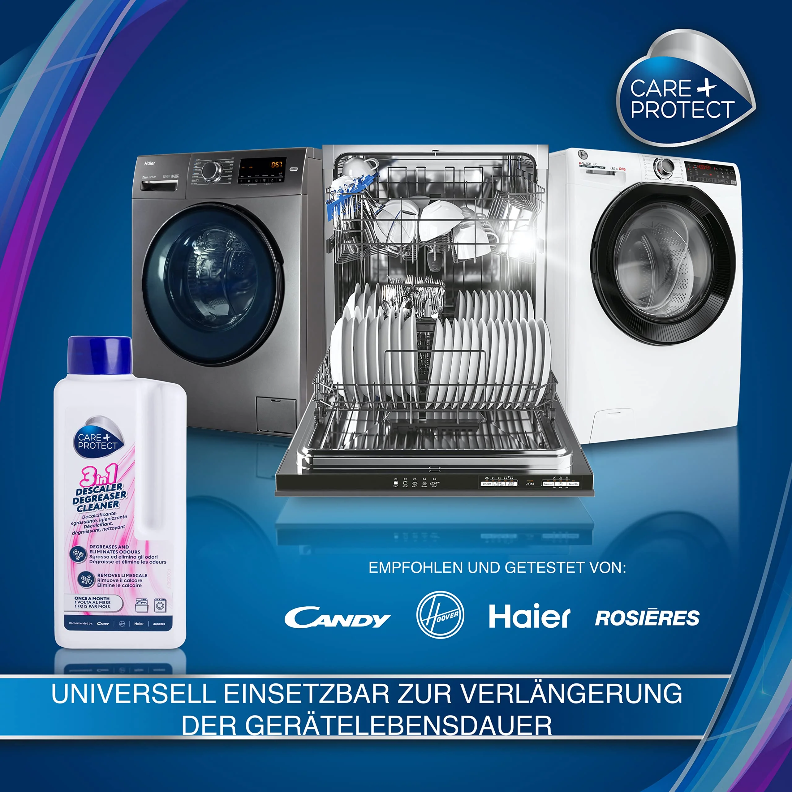 CARE + PROTECT– 3-in-1 Entkalker, Fettlöser und Reiniger für Waschmaschine & Geschirrspülmaschine / Maschinenreiniger & Maschinenpflege in einem / beseitigt Kalk, Fett & Gerüche / 250 ml - Image 3