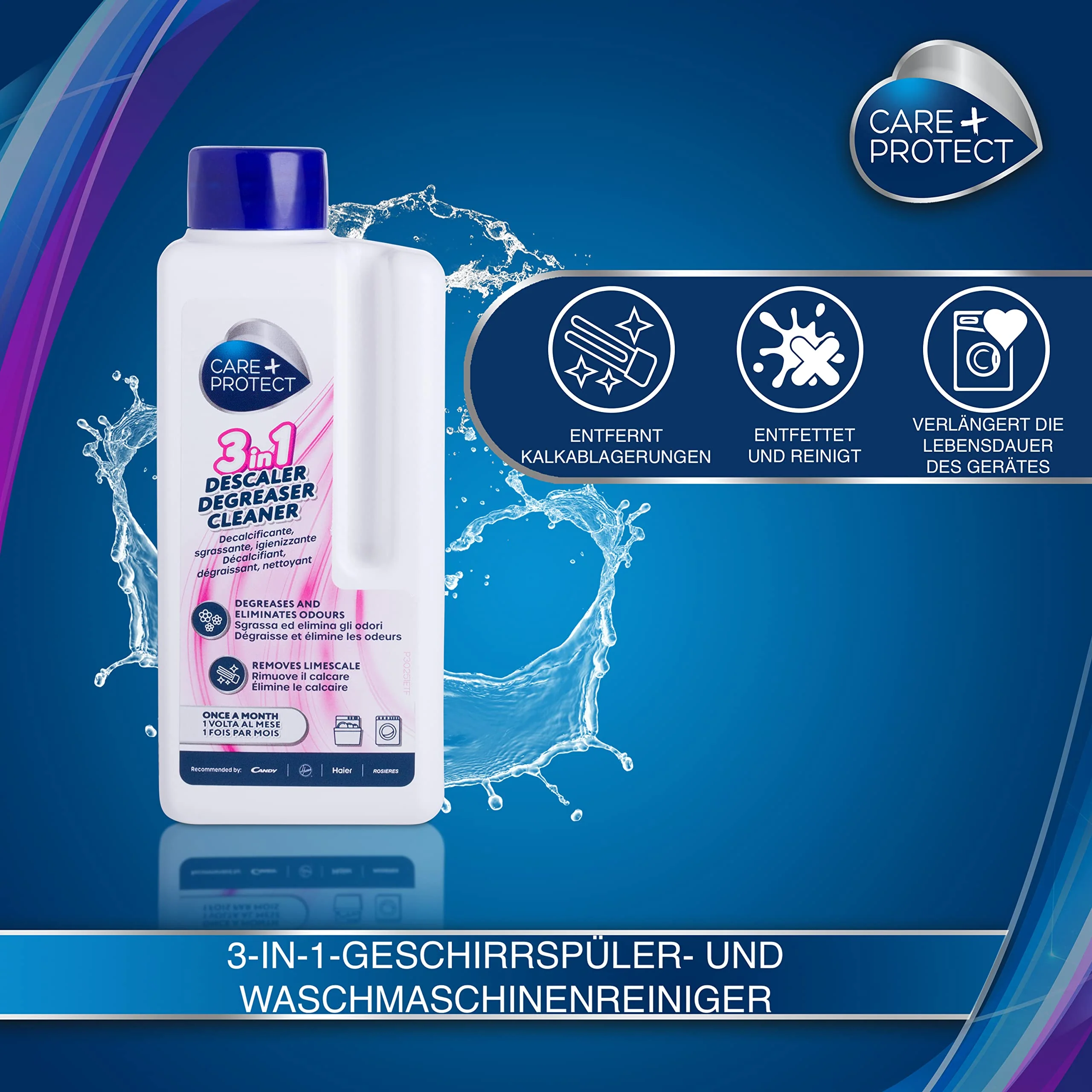 CARE + PROTECT– 3-in-1 Entkalker, Fettlöser und Reiniger für Waschmaschine & Geschirrspülmaschine / Maschinenreiniger & Maschinenpflege in einem / beseitigt Kalk, Fett & Gerüche / 250 ml - Image 7
