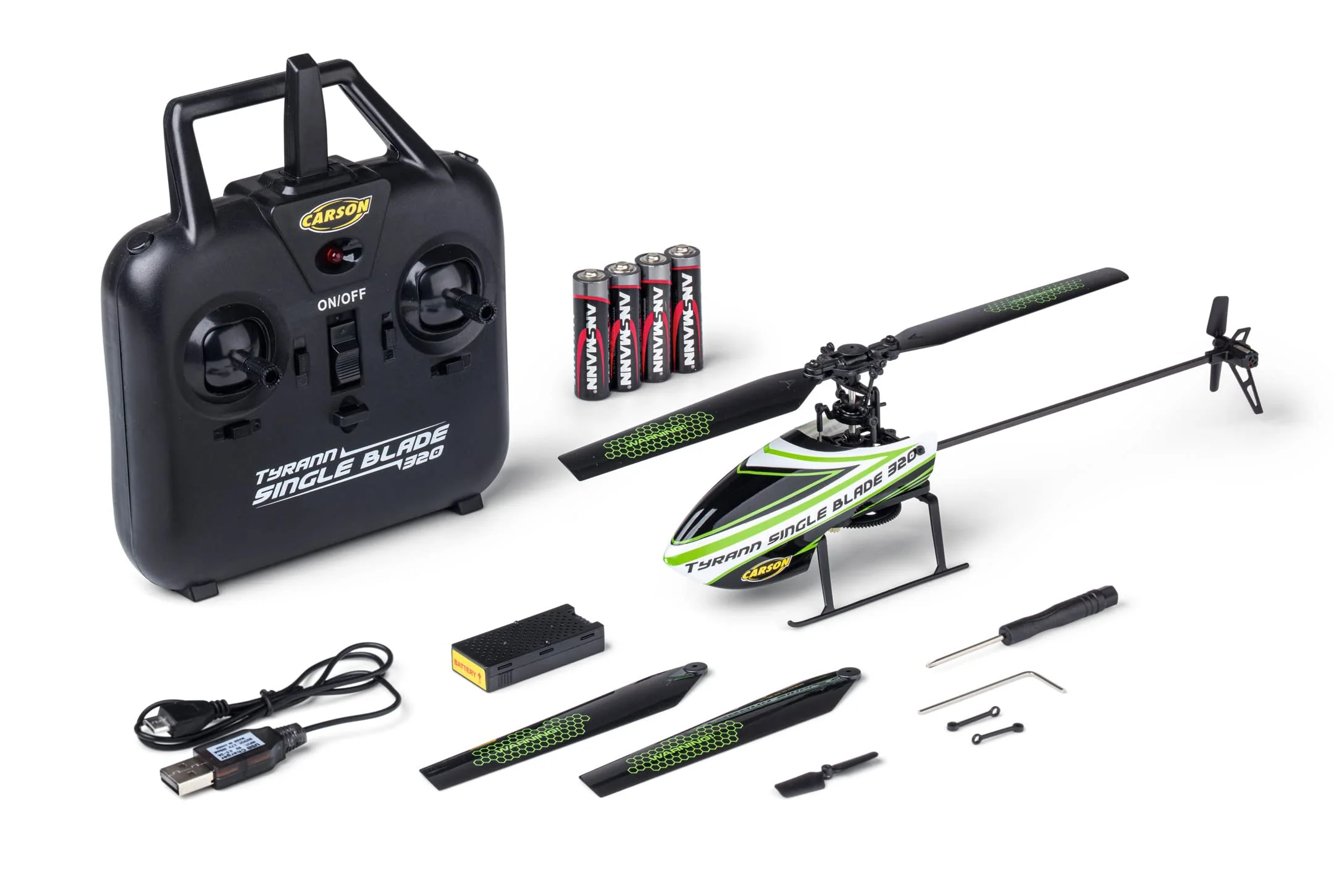 Carson 500507171 - Ferngesteuerter Helikopter Tyrann Single Blade 320 2,4 GHz - RC Flugzeug ab 16 Jahre, 100% RTF Komplettset, mit Höhenkontrolle und Start- & Landefunktion, grün