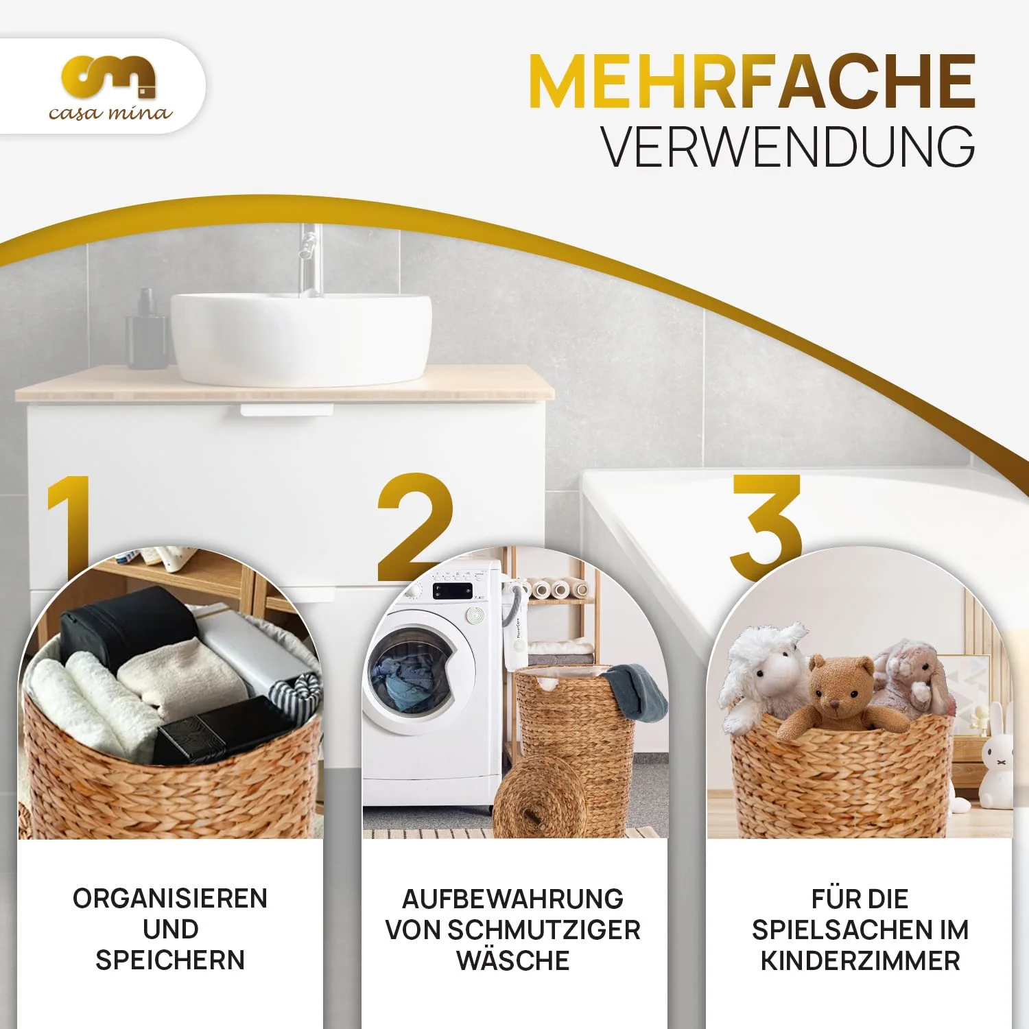 Casa Mina® Wäschekorb mit Deckel D35 x H55cm hoch I Atmungsaktiver Wäschekorb geflochten aus 100% Naturfaser I Robuster Wäschesammler mit Griffen & waschbarem Innensack I Wäschekörbe - Lombok - Image 2