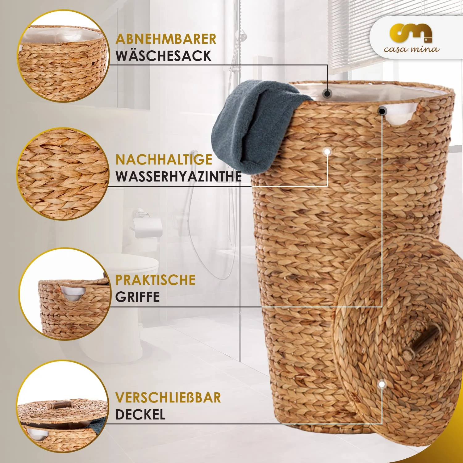 Casa Mina® Wäschekorb mit Deckel D35 x H55cm hoch I Atmungsaktiver Wäschekorb geflochten aus 100% Naturfaser I Robuster Wäschesammler mit Griffen & waschbarem Innensack I Wäschekörbe - Lombok - Image 3