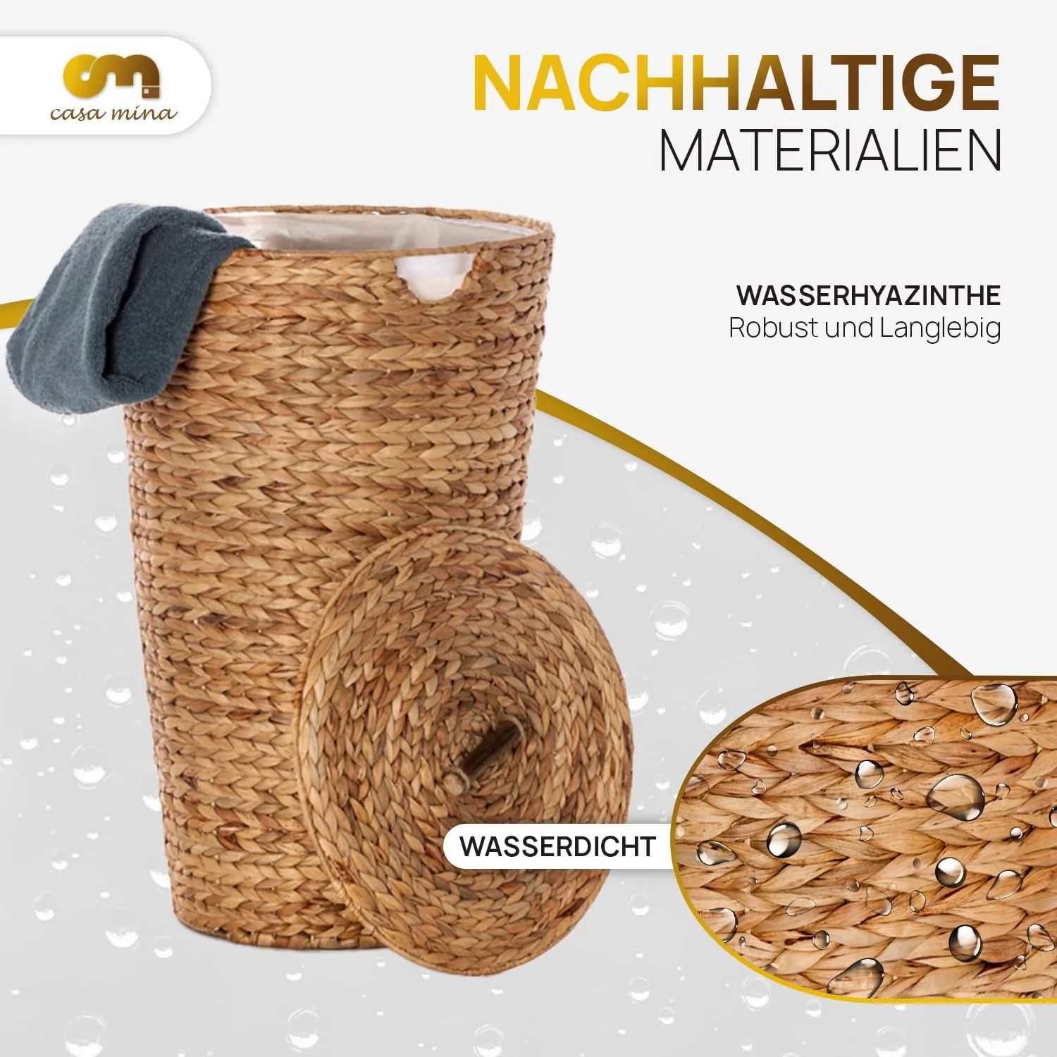 Casa Mina® Wäschekorb mit Deckel D35 x H55cm hoch I Atmungsaktiver Wäschekorb geflochten aus 100% Naturfaser I Robuster Wäschesammler mit Griffen & waschbarem Innensack I Wäschekörbe - Lombok - Image 4