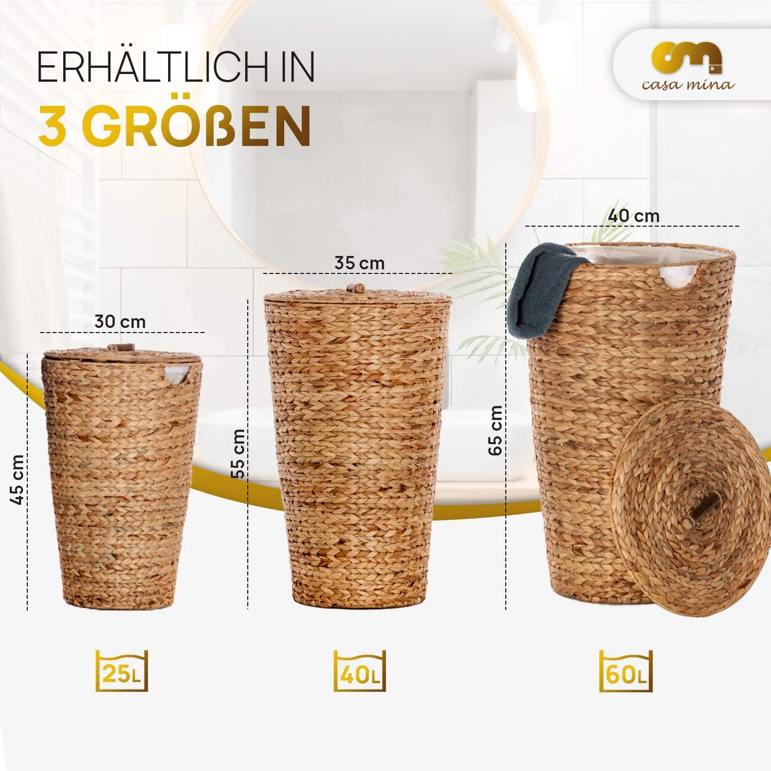 Casa Mina® Wäschekorb mit Deckel D35 x H55cm hoch I Atmungsaktiver Wäschekorb geflochten aus 100% Naturfaser I Robuster Wäschesammler mit Griffen & waschbarem Innensack I Wäschekörbe - Lombok - Image 5
