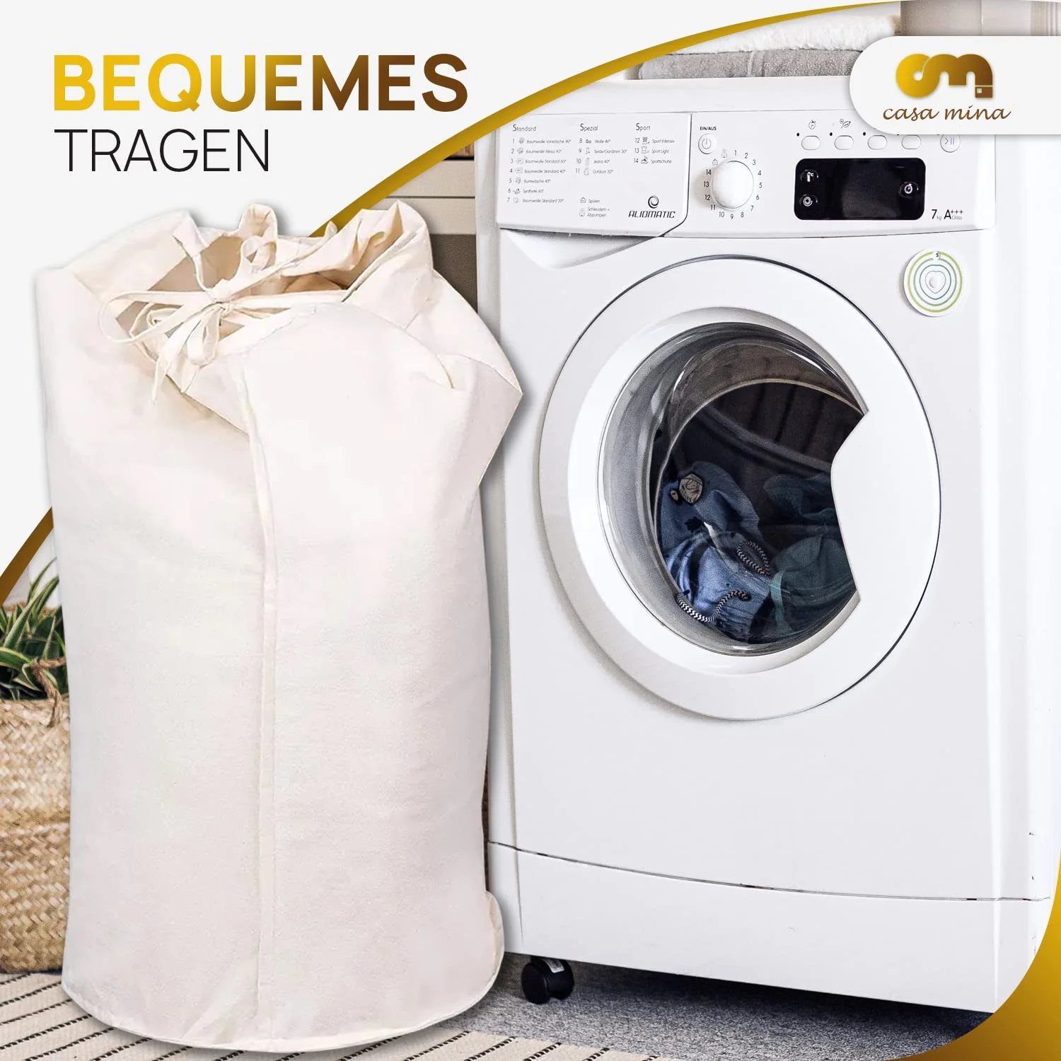 Casa Mina® Wäschekorb mit Deckel D35 x H55cm hoch I Atmungsaktiver Wäschekorb geflochten aus 100% Naturfaser I Robuster Wäschesammler mit Griffen & waschbarem Innensack I Wäschekörbe - Lombok - Image 7