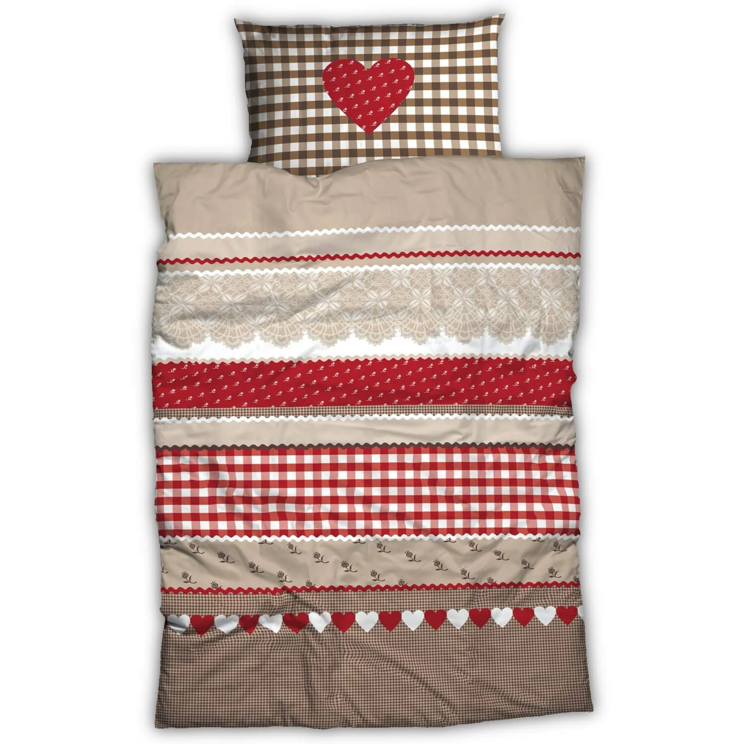 CASATEX Renforcé Bettwäsche Landhaus Rot Braun Baumwolle Herz Karo Kariert Romantik, Größe:135 cm x 200 cm - Image 8