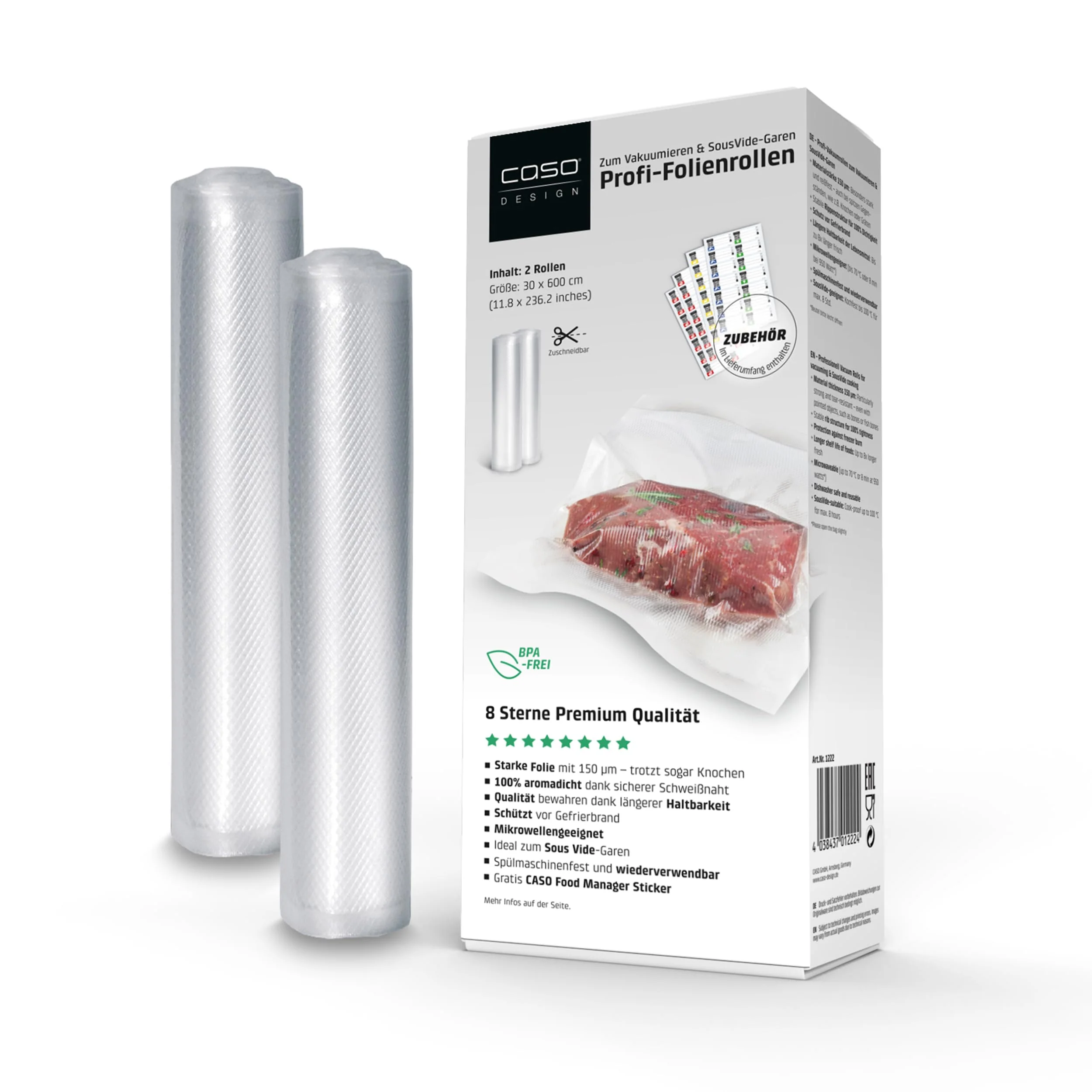 CASO 8 Sterne Profi- Folienrollen 30x600 cm / 2 Rollen, Vakuumierbeutel für alle Vakuumierer, sehr stark & reißfest ca. 150µm, Vakuumbeutel Lebensmittel Vakuumiergerät, Sous Vide, BPA-frei - Image 9