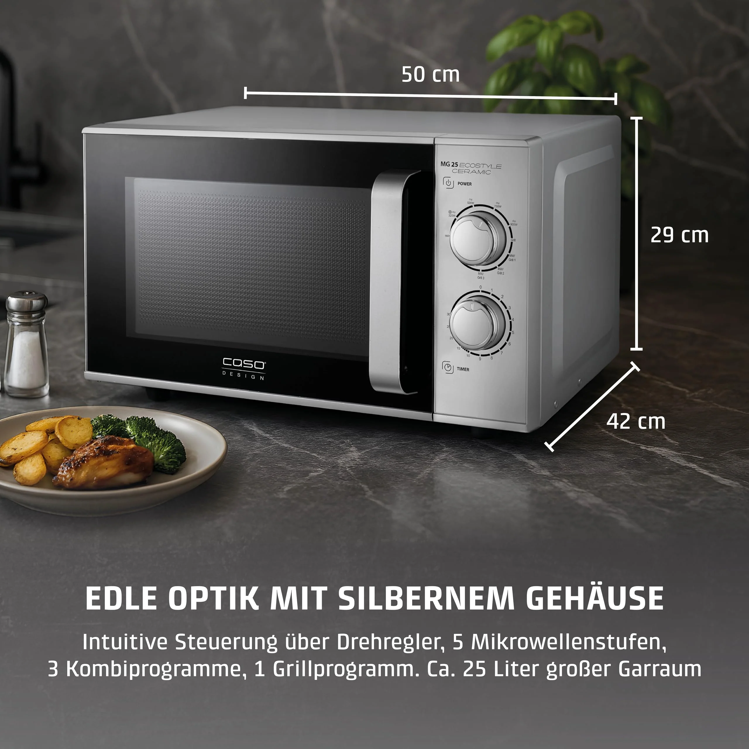 CASO MG 25 Ecostyle Ceramic - Testsieger Haus & Garten Test, Mikrowelle mit Grill, größere Nutzfläche dank CASOTEK Boden, 25 Liter, Garen auf zwei Ebenen, Silber, Edelstahl - Image 7