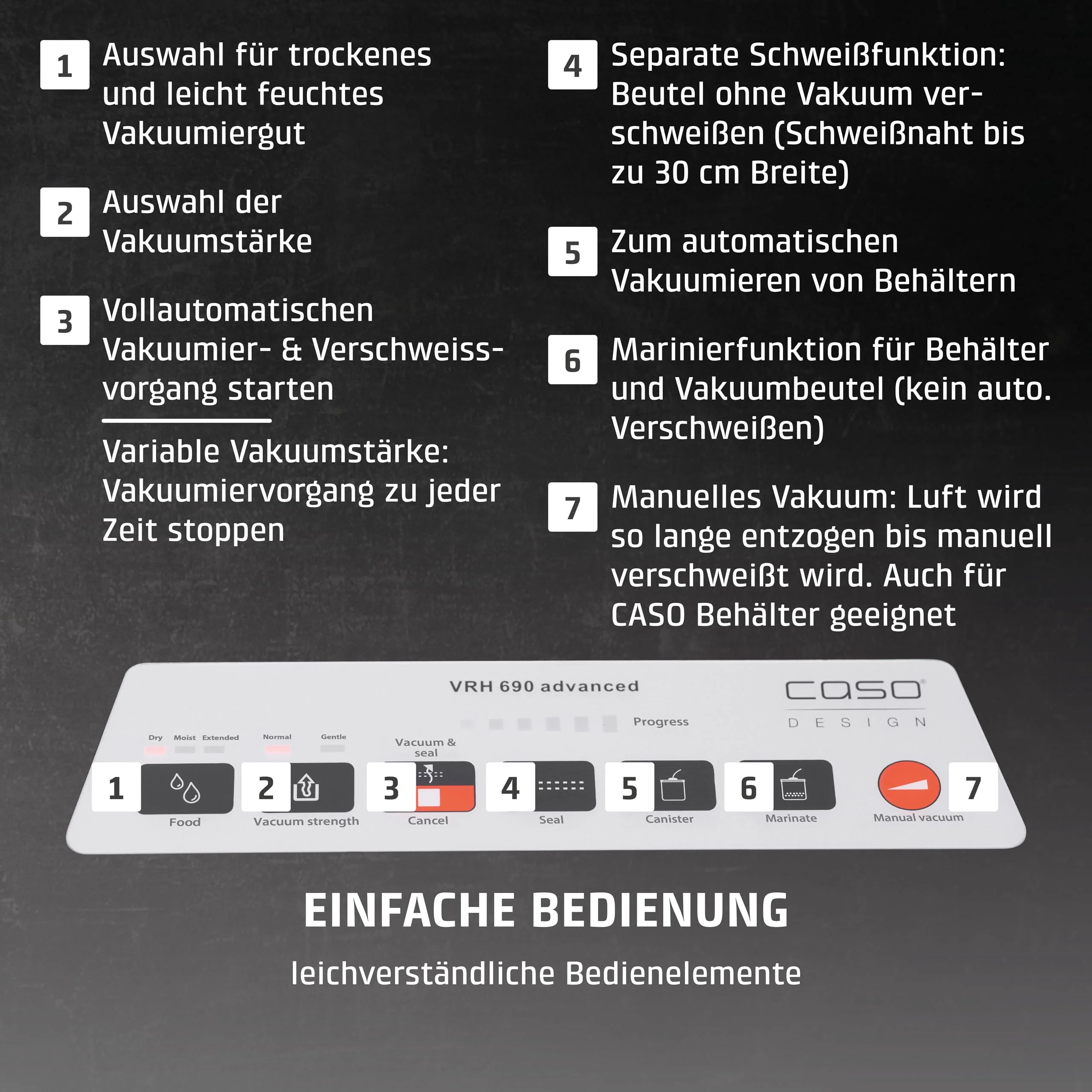 CASO VRH 690 advanced Vakuumierer Testsieger, Vakuumiergerät für Lebensmittel, 150 Vakuumiervorgänge nonstop, doppelte Schweißnaht, 20 Liter/Min, Cutter, inkl. 2 Profi- Folienrollen - Image 4