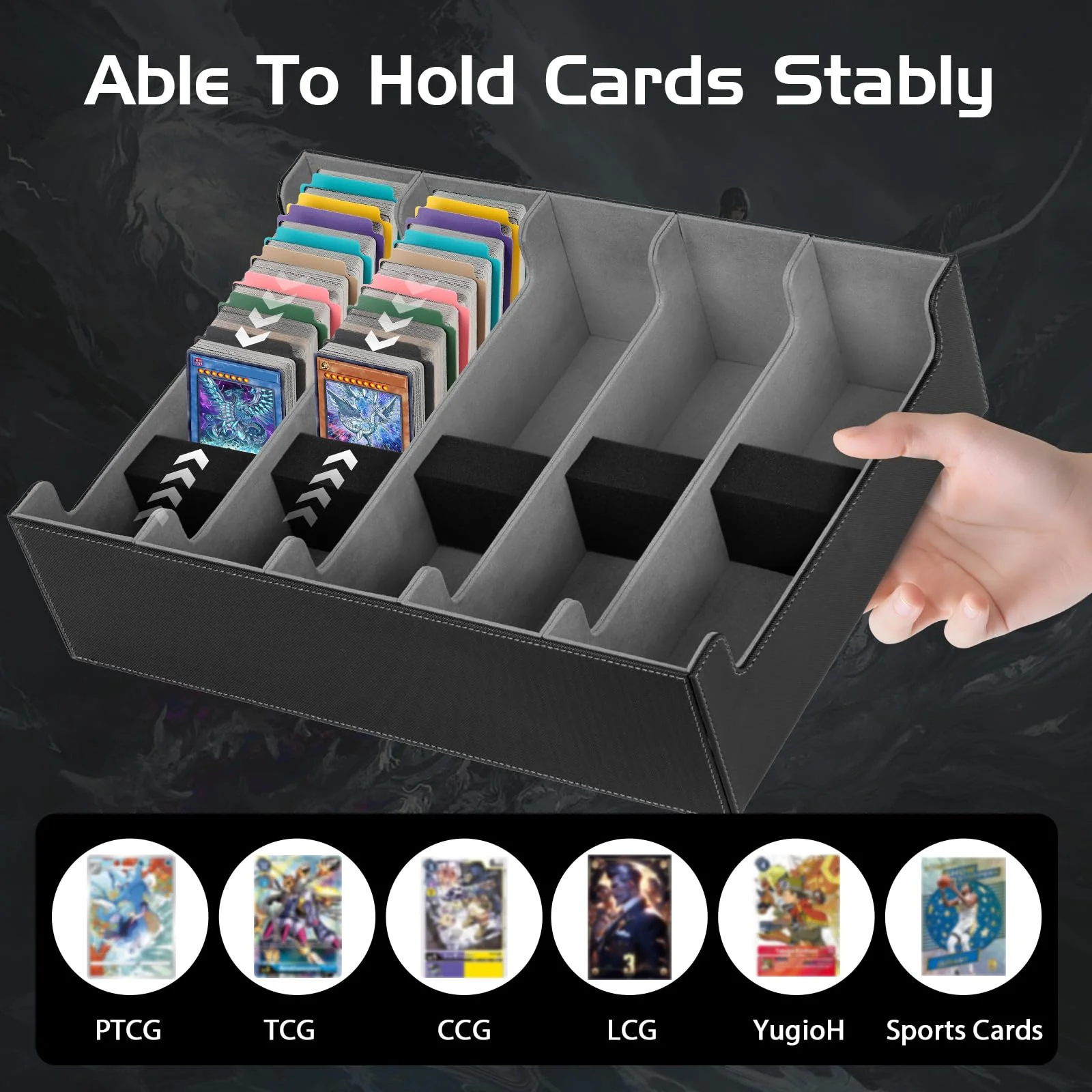 CAUTIOUS 5R Pokemon Deck Box, Sammelkarten Box für 3800+ Karten, MTG-deck Box, Trading Card Box mit 5 Verstellbaren Kartentrennern, mit 48 kompatiblen Kartenteilern (schwarz+grau) - Image 2
